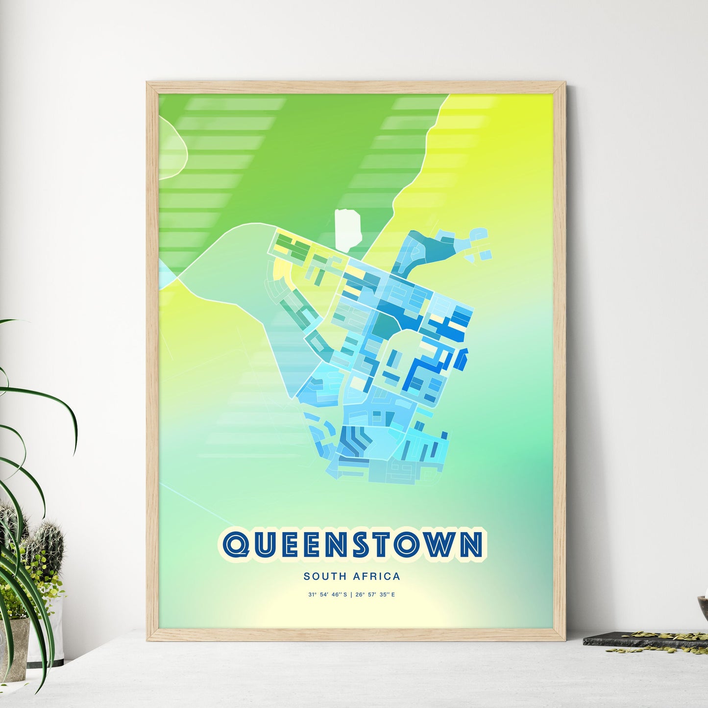 Colorful QUEENSTOWN SOUTH AFRICA Fine Art Map Cool Blue