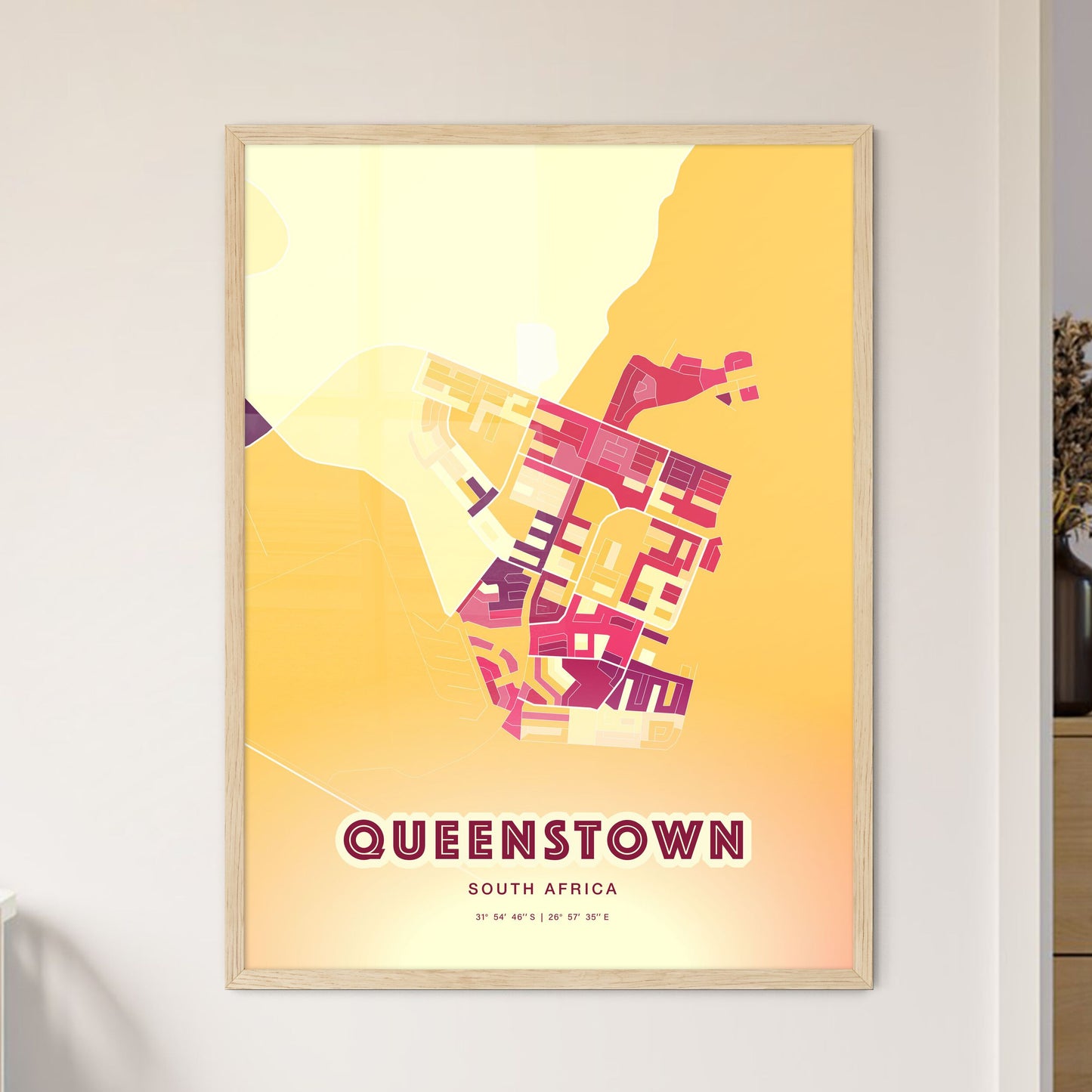 Colorful QUEENSTOWN SOUTH AFRICA Fine Art Map Hot Red