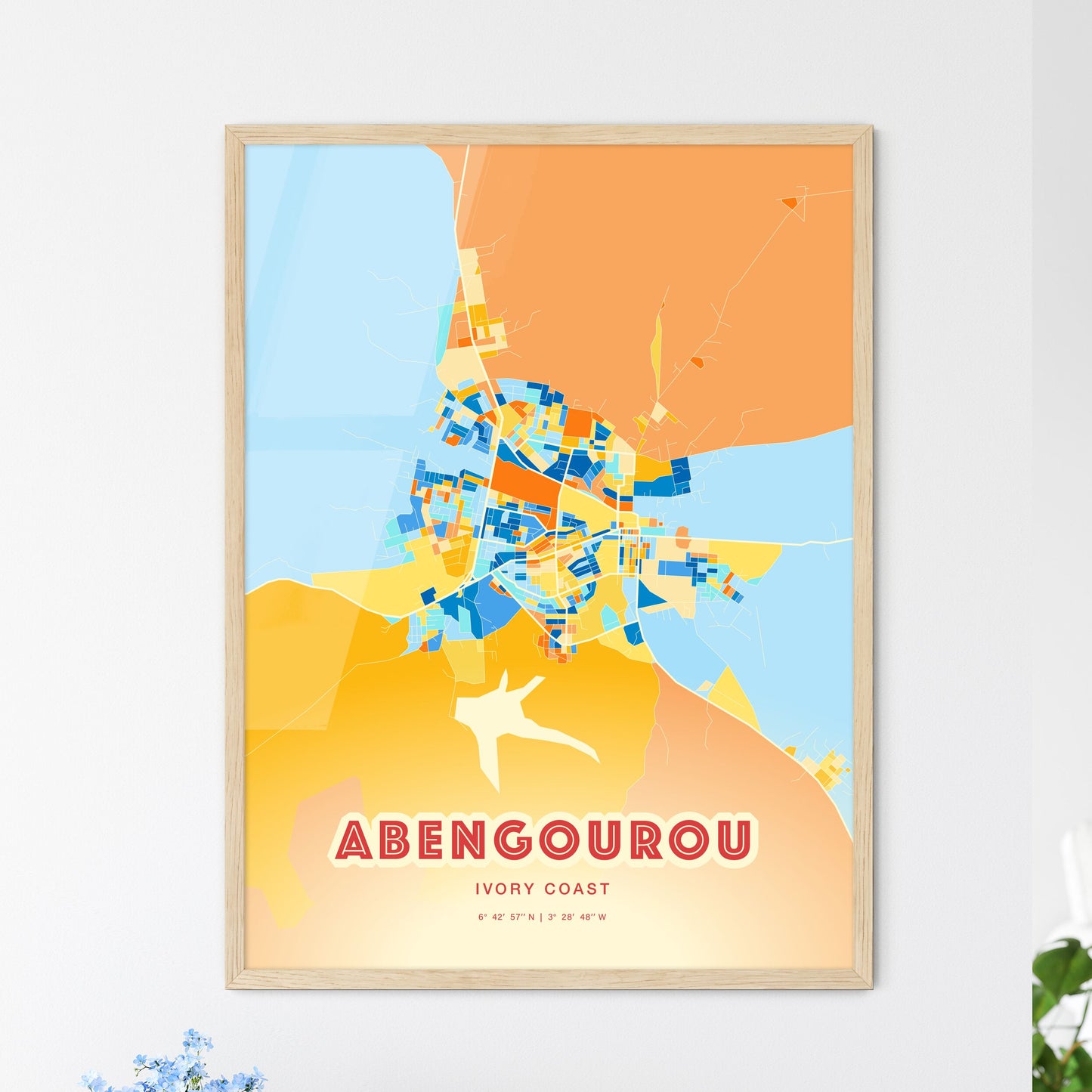 Colorful ABENGOUROU IVORY COAST Fine Art Map Blue Orange