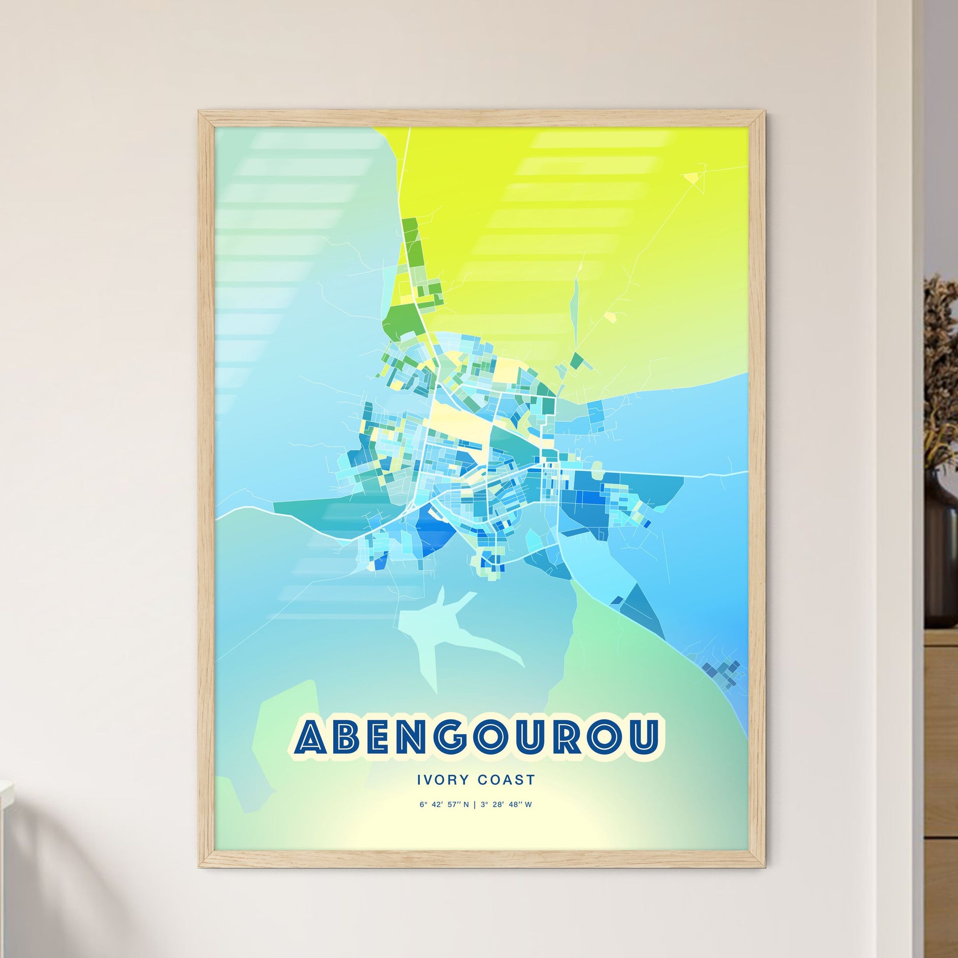 Colorful ABENGOUROU IVORY COAST Fine Art Map Cool Blue