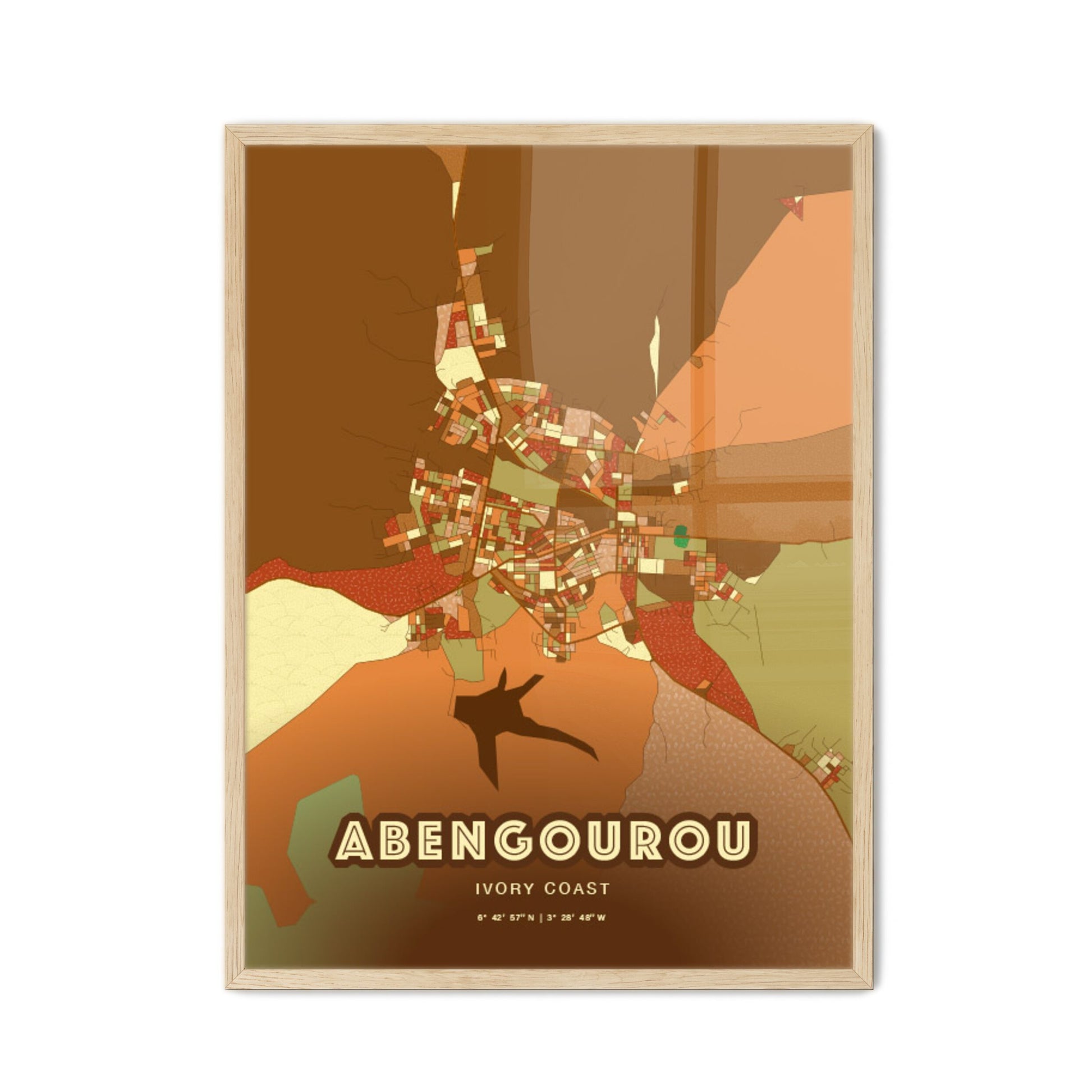 Colorful ABENGOUROU IVORY COAST Fine Art Map Farmhouse