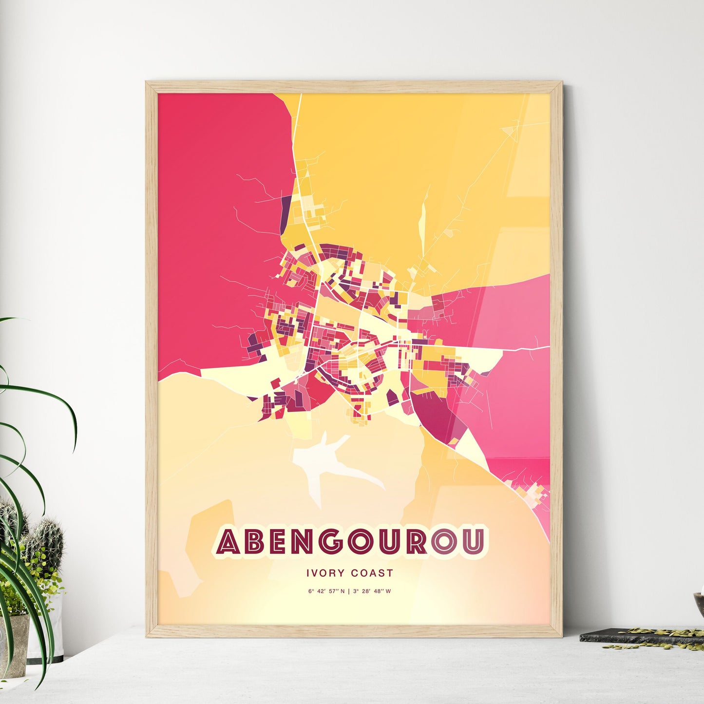 Colorful ABENGOUROU IVORY COAST Fine Art Map Hot Red