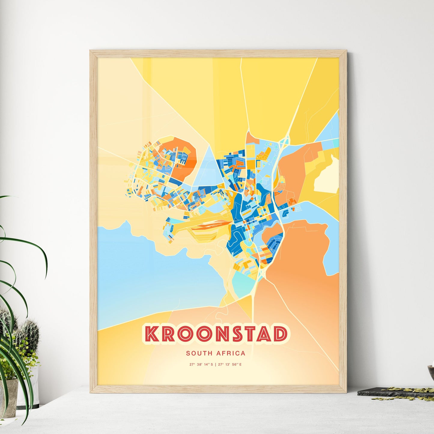 Colorful KROONSTAD SOUTH AFRICA Fine Art Map Blue Orange