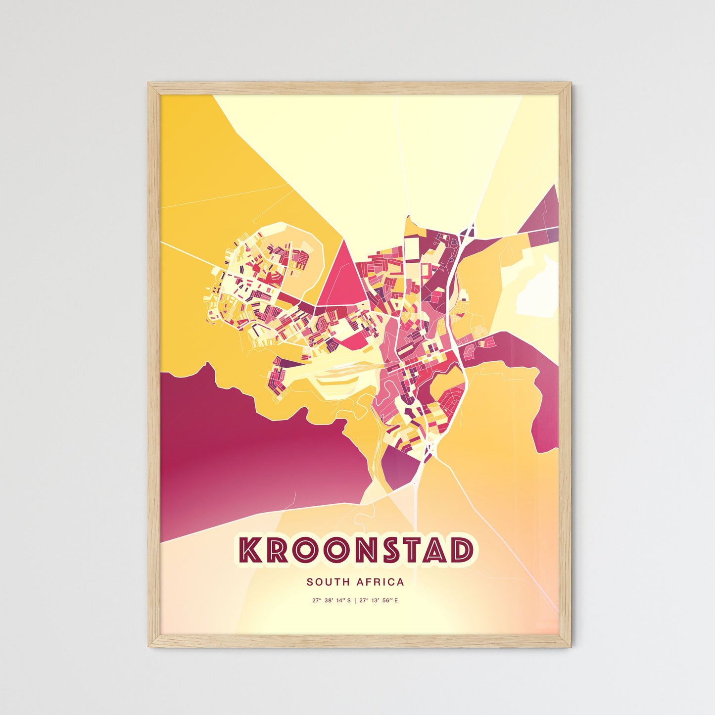 Colorful KROONSTAD SOUTH AFRICA Fine Art Map Hot Red