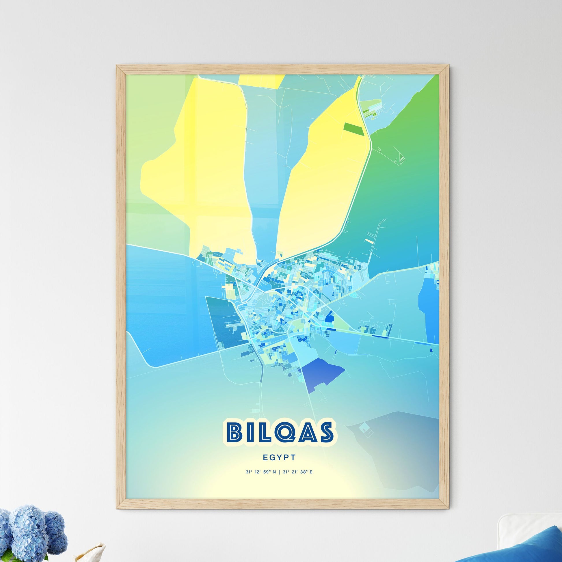 Colorful BILQAS EGYPT Fine Art Map Cool Blue