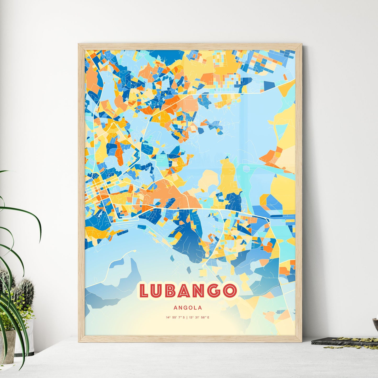 Colorful LUBANGO ANGOLA Fine Art Map Blue Orange