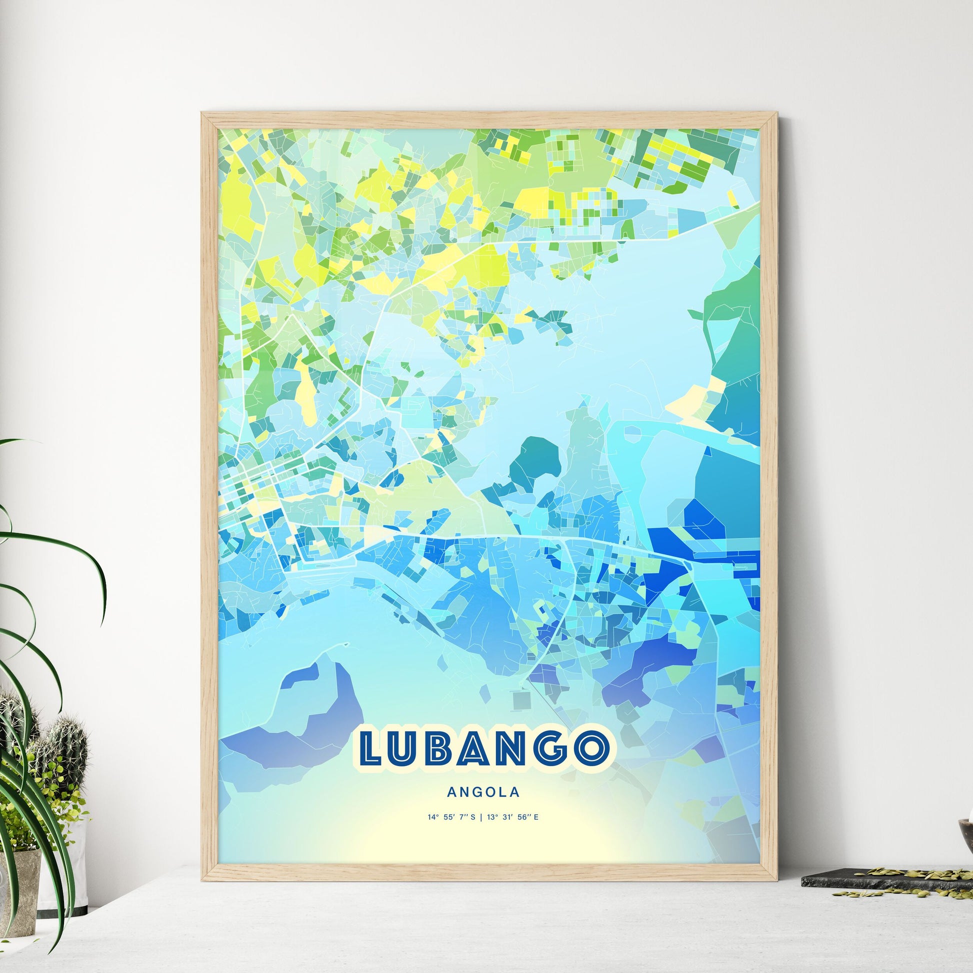 Colorful LUBANGO ANGOLA Fine Art Map Cool Blue