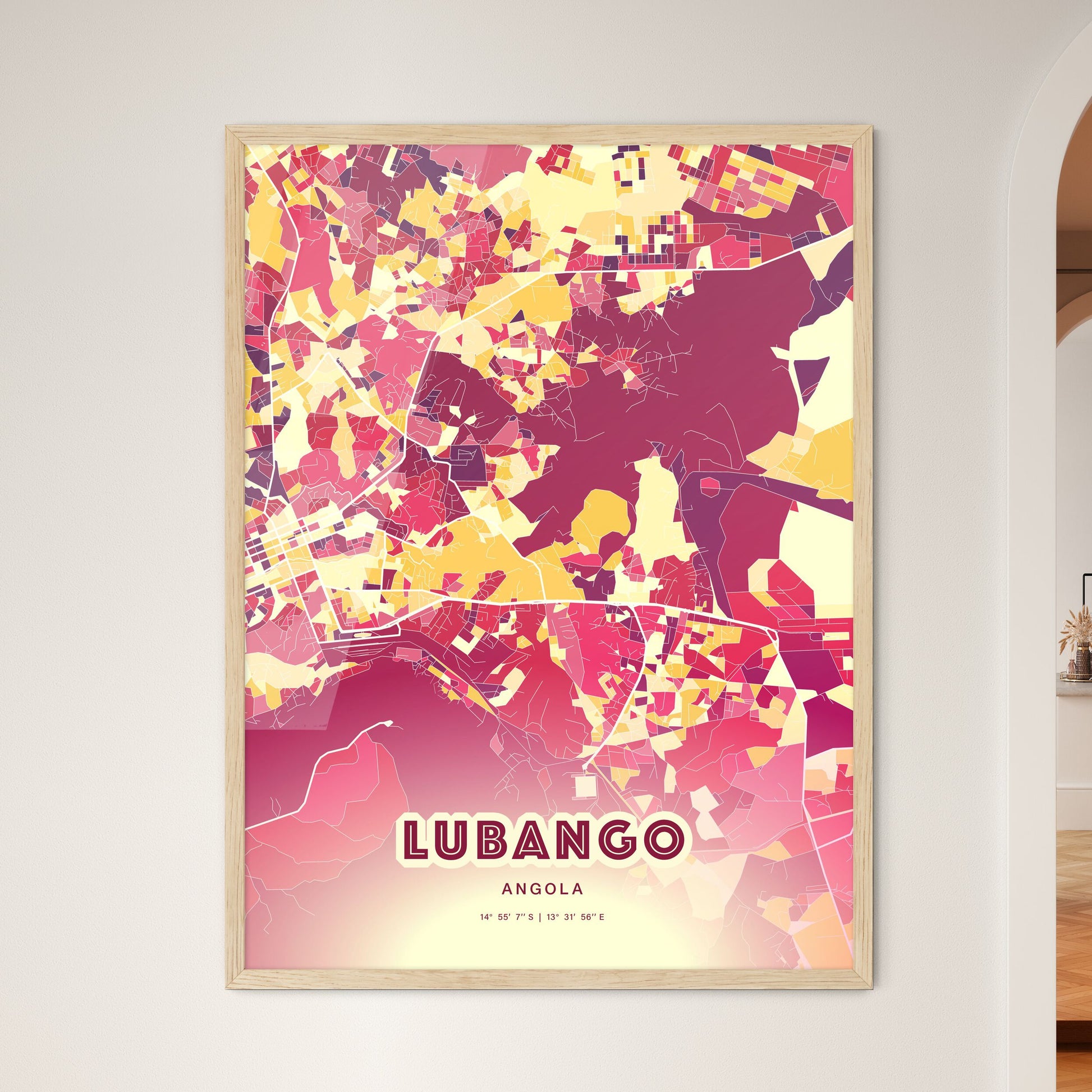 Colorful LUBANGO ANGOLA Fine Art Map Hot Red