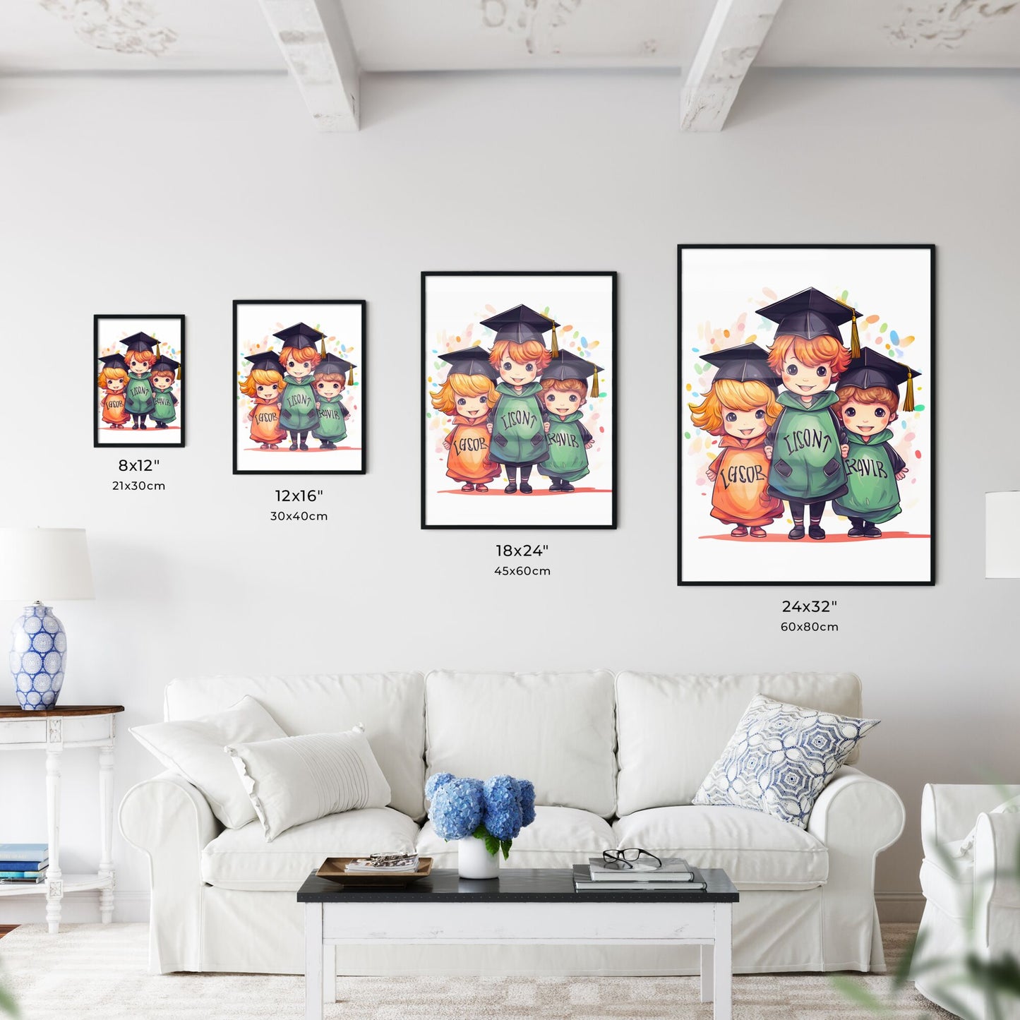 Group Of Cartoon Kids Wearing Graduation Caps And Gowns Art Print Default Title