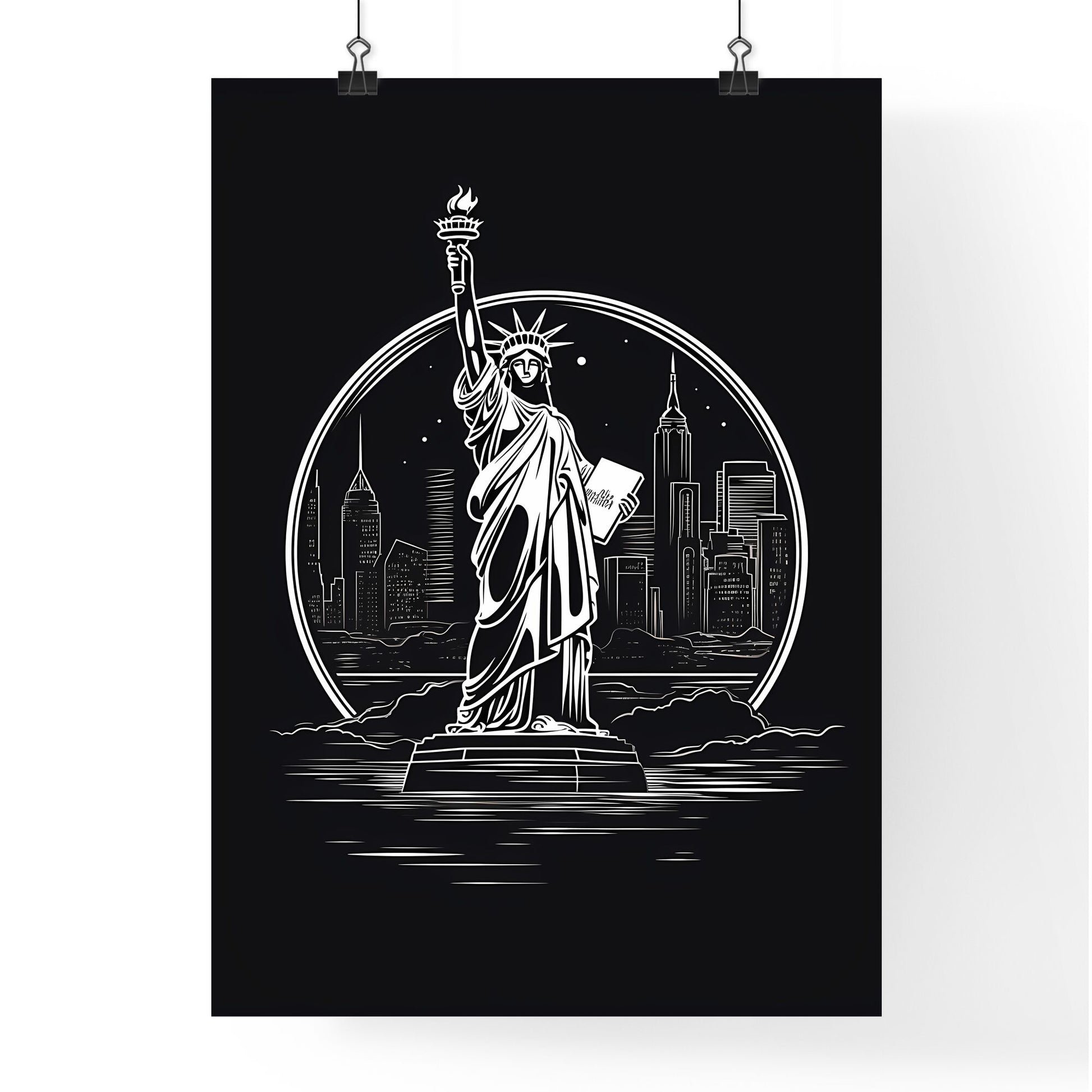 Statue Of Liberty With A City In The Background Art Print Default Title