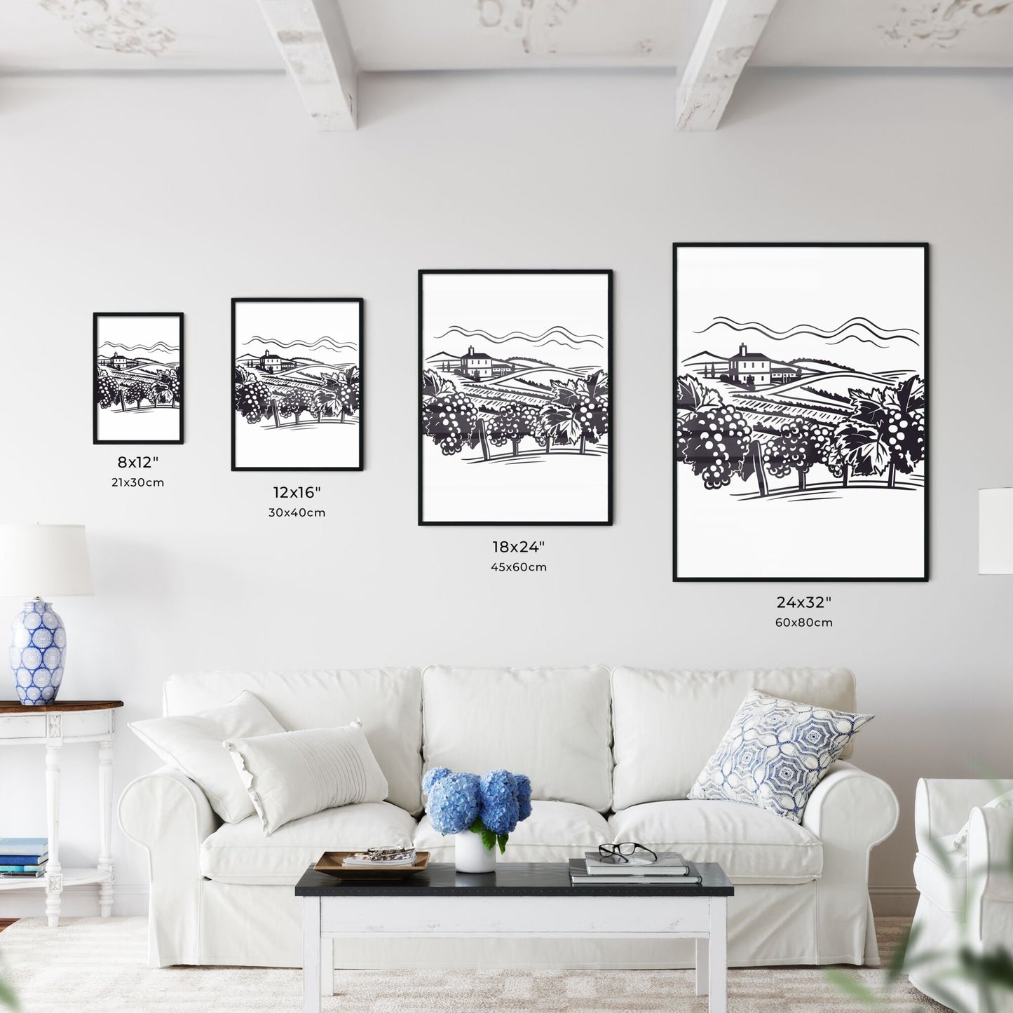 Black And White Drawing Of A Vineyard Art Print Default Title
