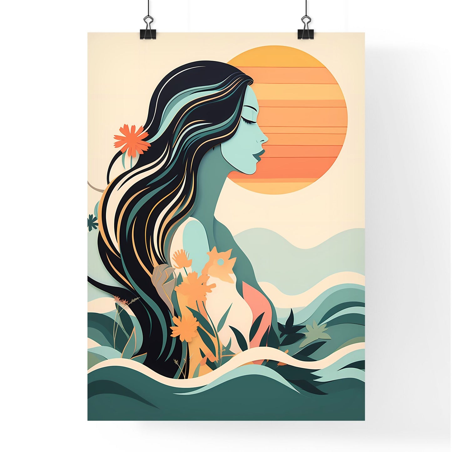 Woman With Long Hair And Flowers In Front Of The Sun Art Print Default Title