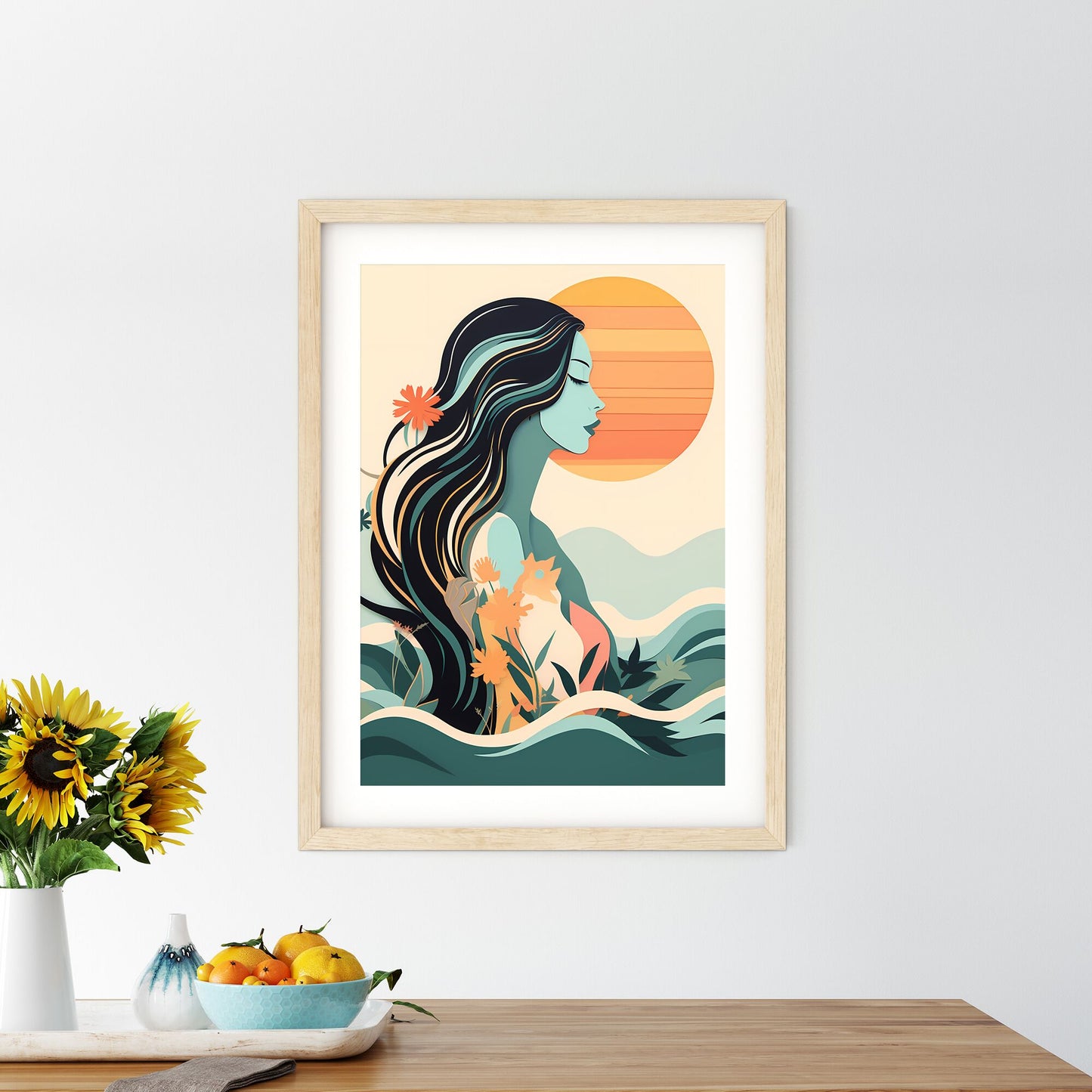 Woman With Long Hair And Flowers In Front Of The Sun Art Print Default Title