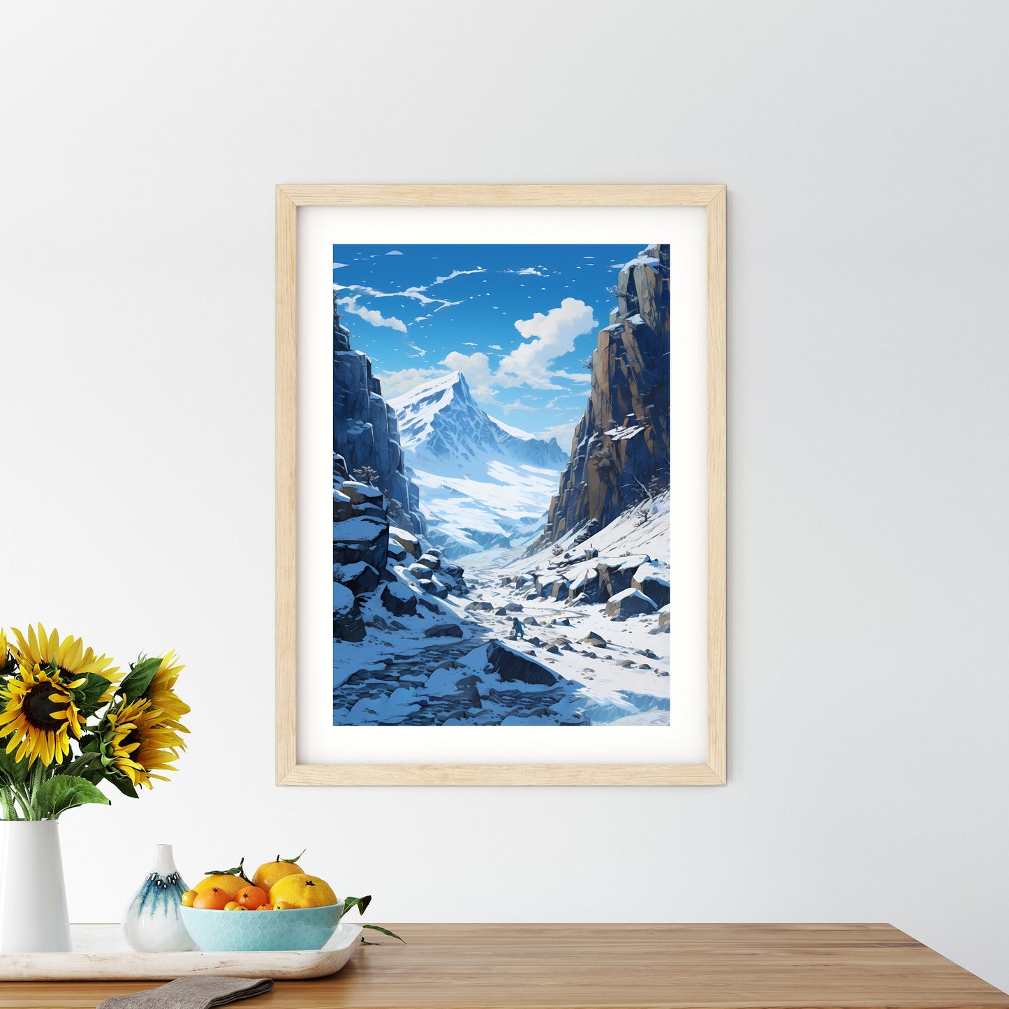 Snowy Mountain Landscape With A Person Walking On A Snowy Mountain Art Print Default Title