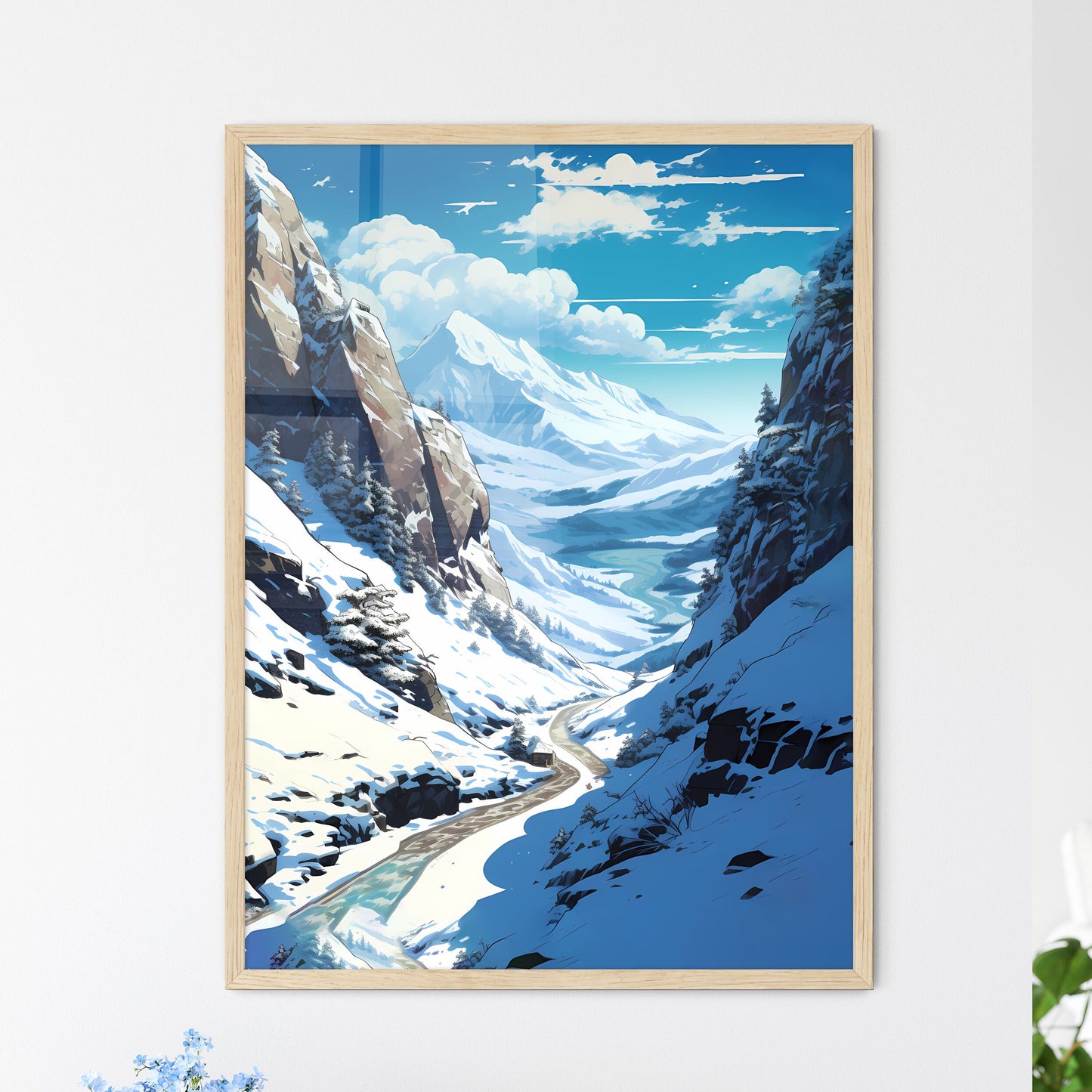 Snowy Mountain Landscape With A River And Trees Art Print Default Title