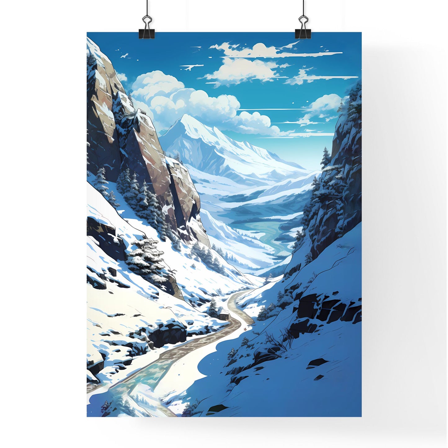 Snowy Mountain Landscape With A River And Trees Art Print Default Title