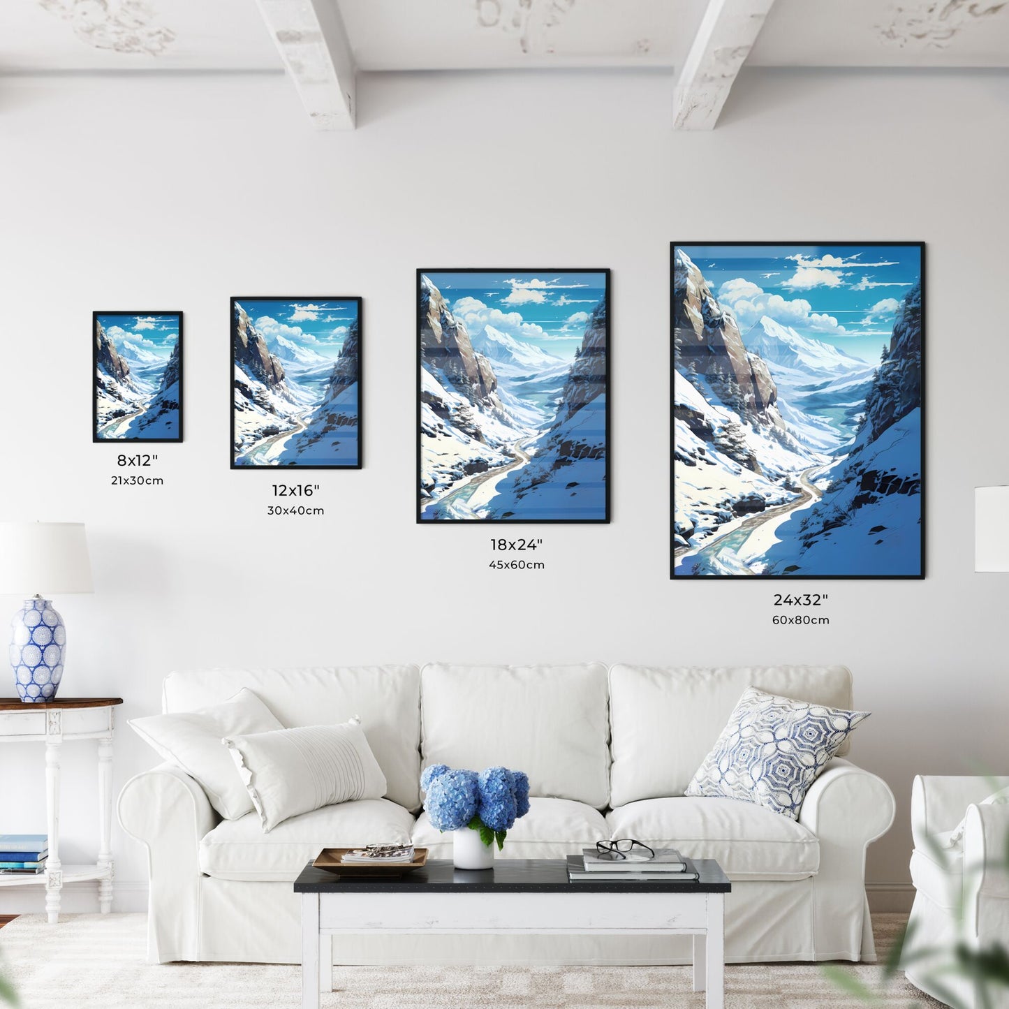 Snowy Mountain Landscape With A River And Trees Art Print Default Title