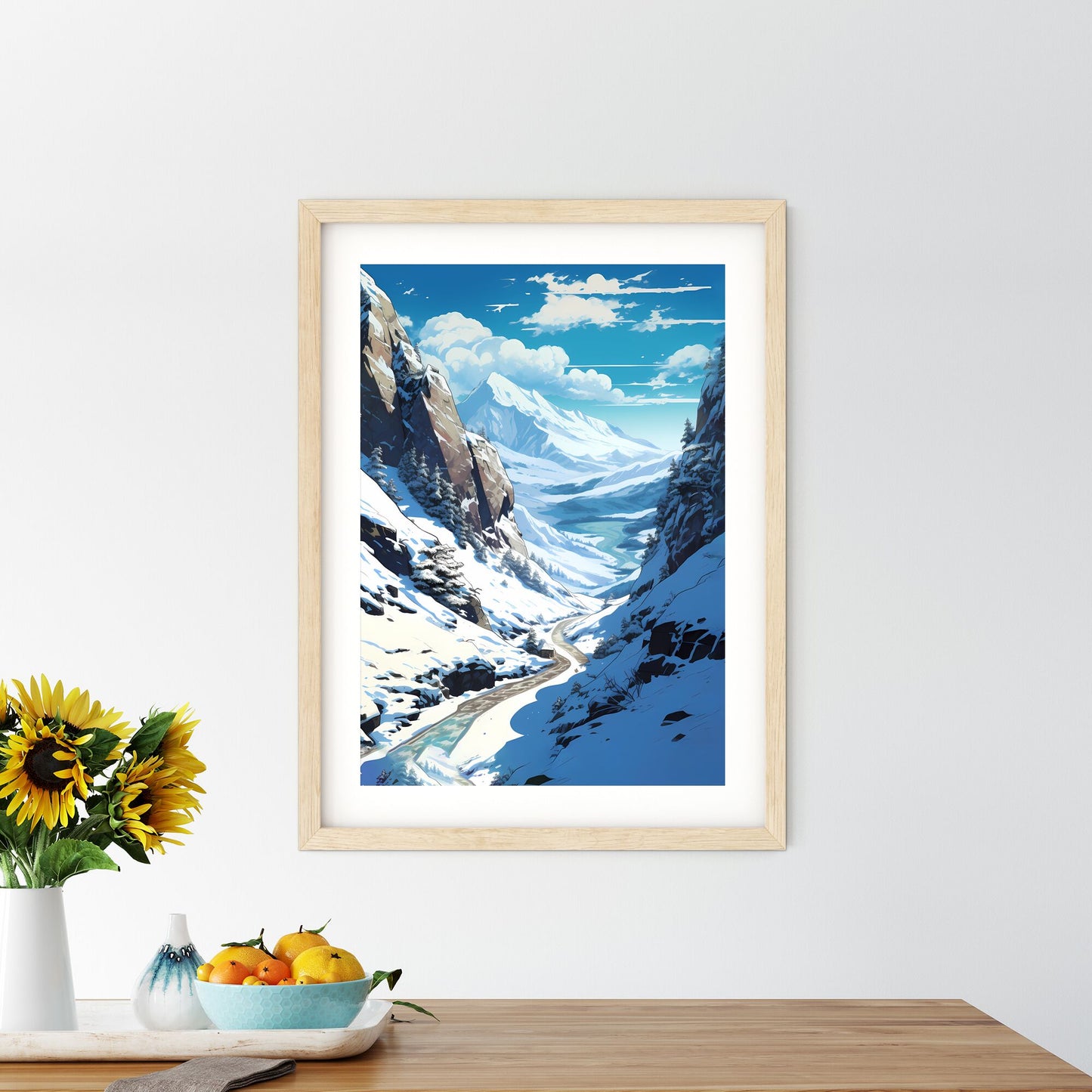Snowy Mountain Landscape With A River And Trees Art Print Default Title