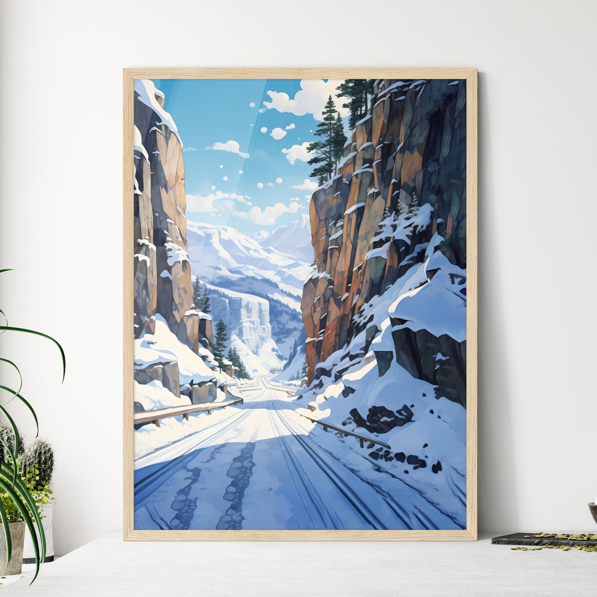 Snowy Mountain Road With Trees And Mountains In The Background Art Print Default Title