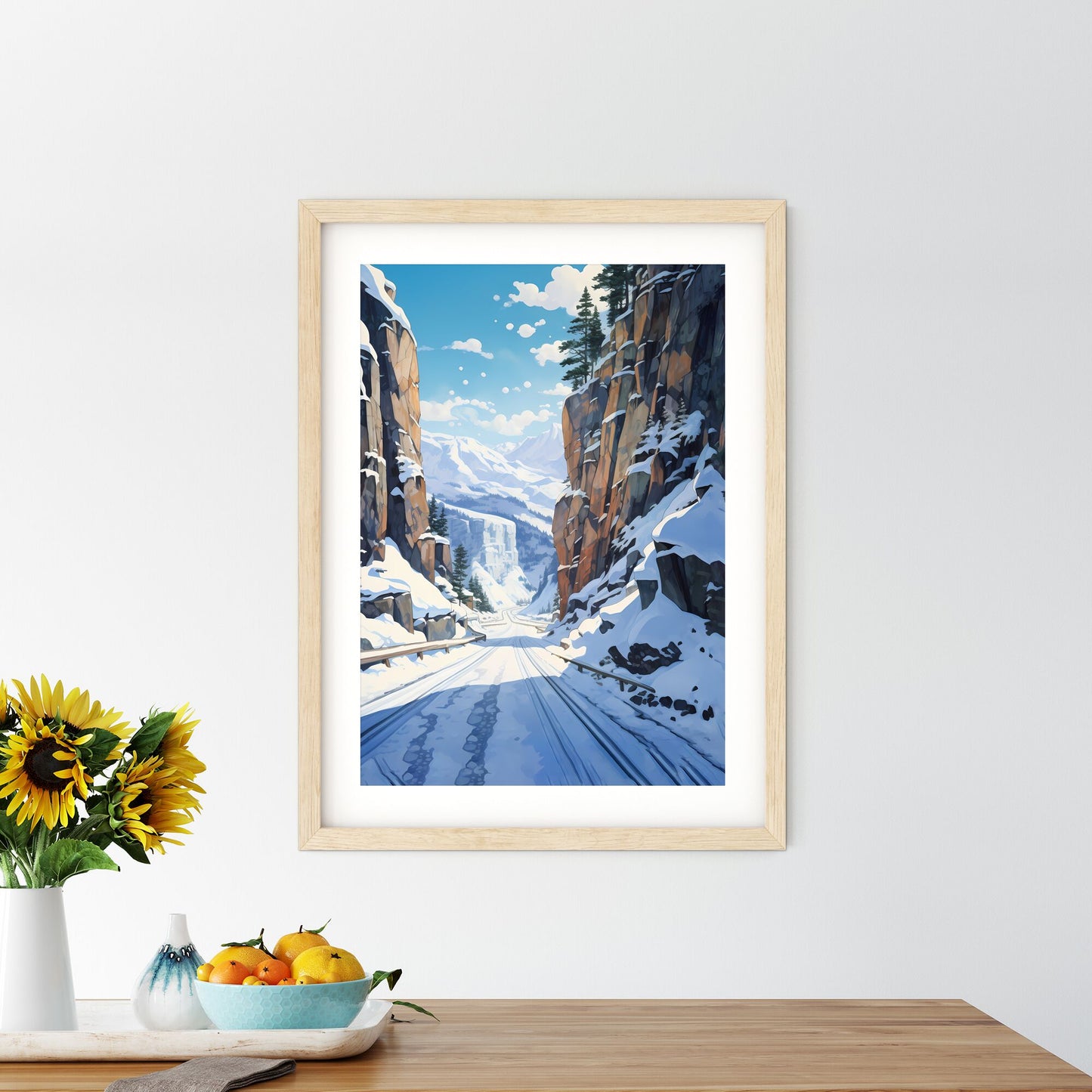 Snowy Mountain Road With Trees And Mountains In The Background Art Print Default Title