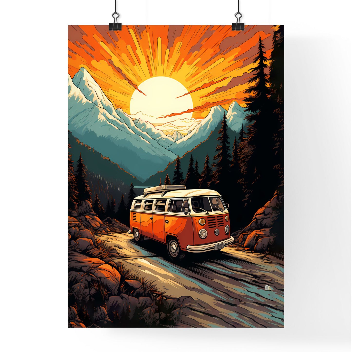 Van On A Road In A Mountain Forest Art Print Default Title