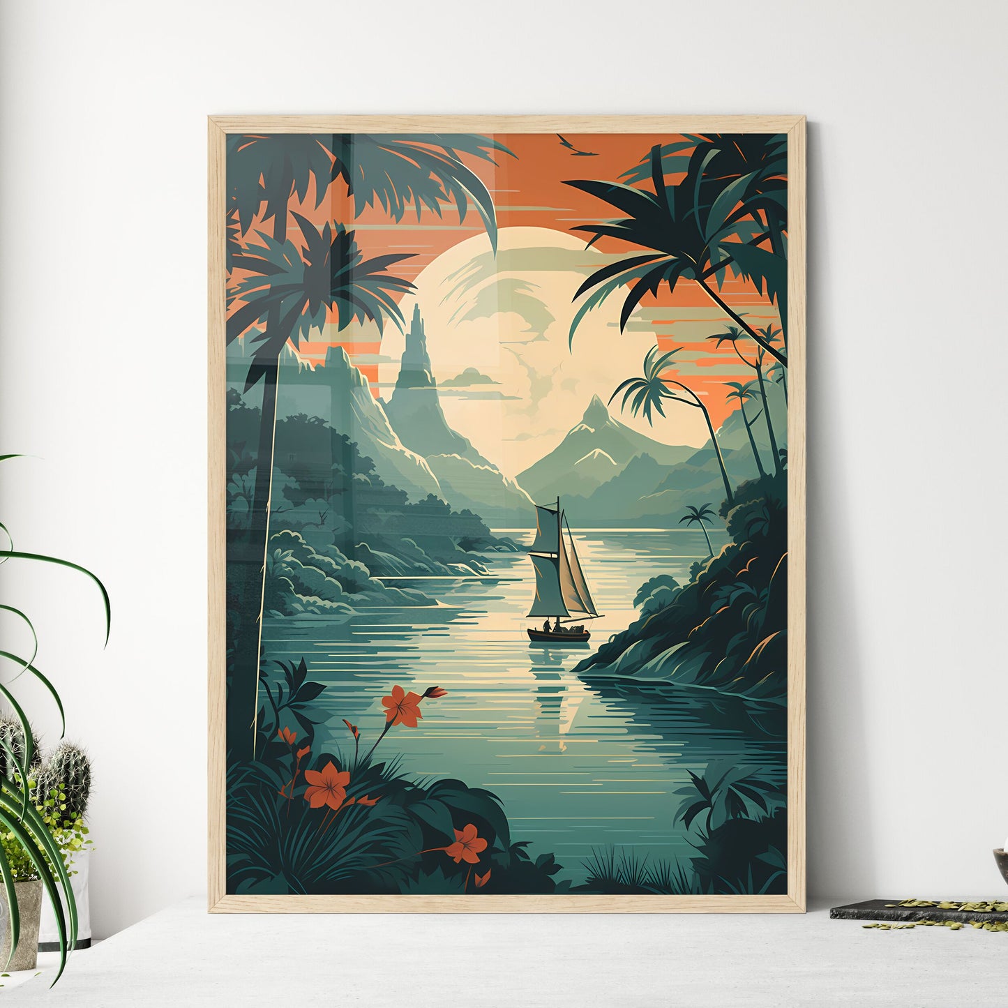 Poster Of A Boat On A Lake With Trees And Mountains Art Print Default Title