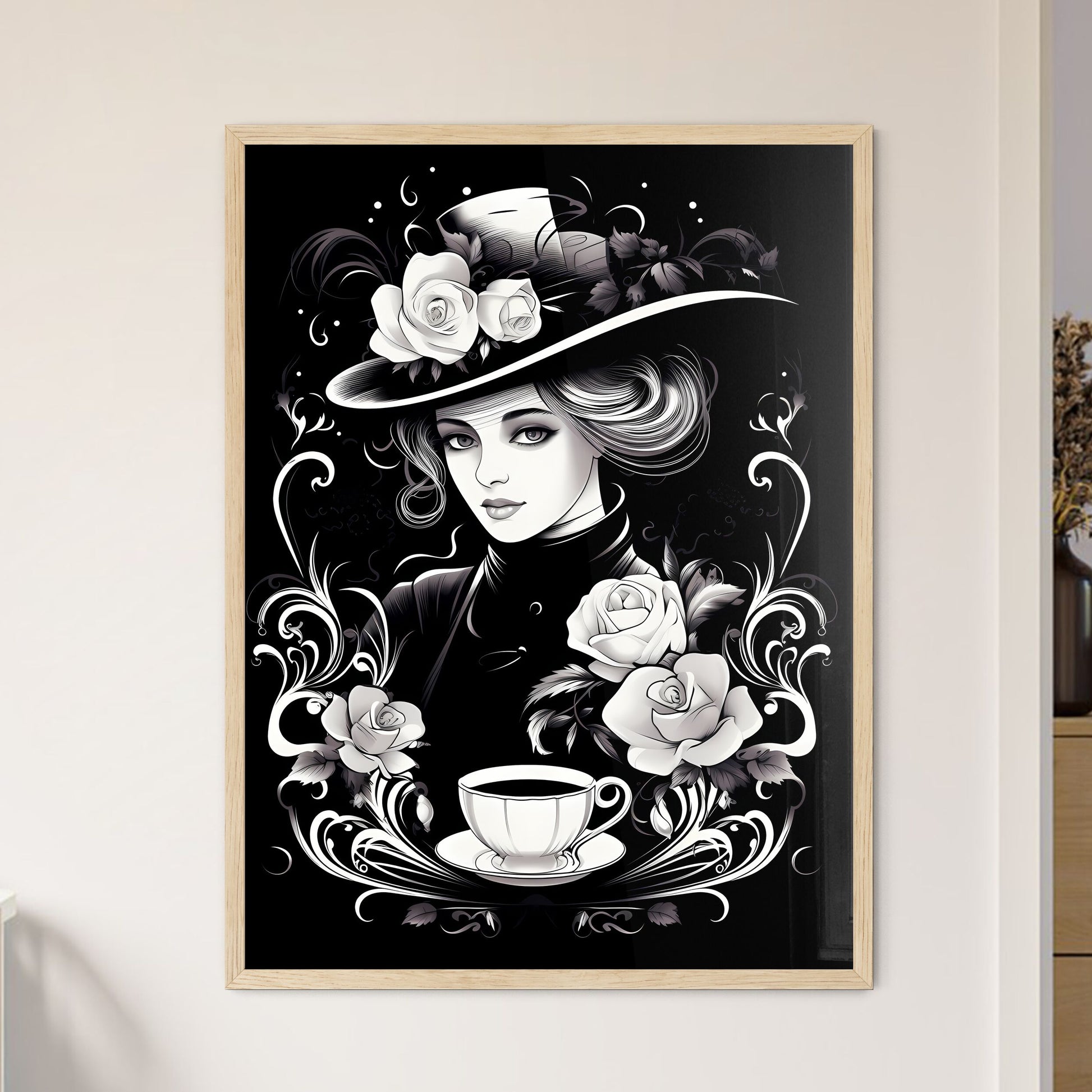 Woman In A Hat With Roses And A Cup Of Coffee Art Print Default Title