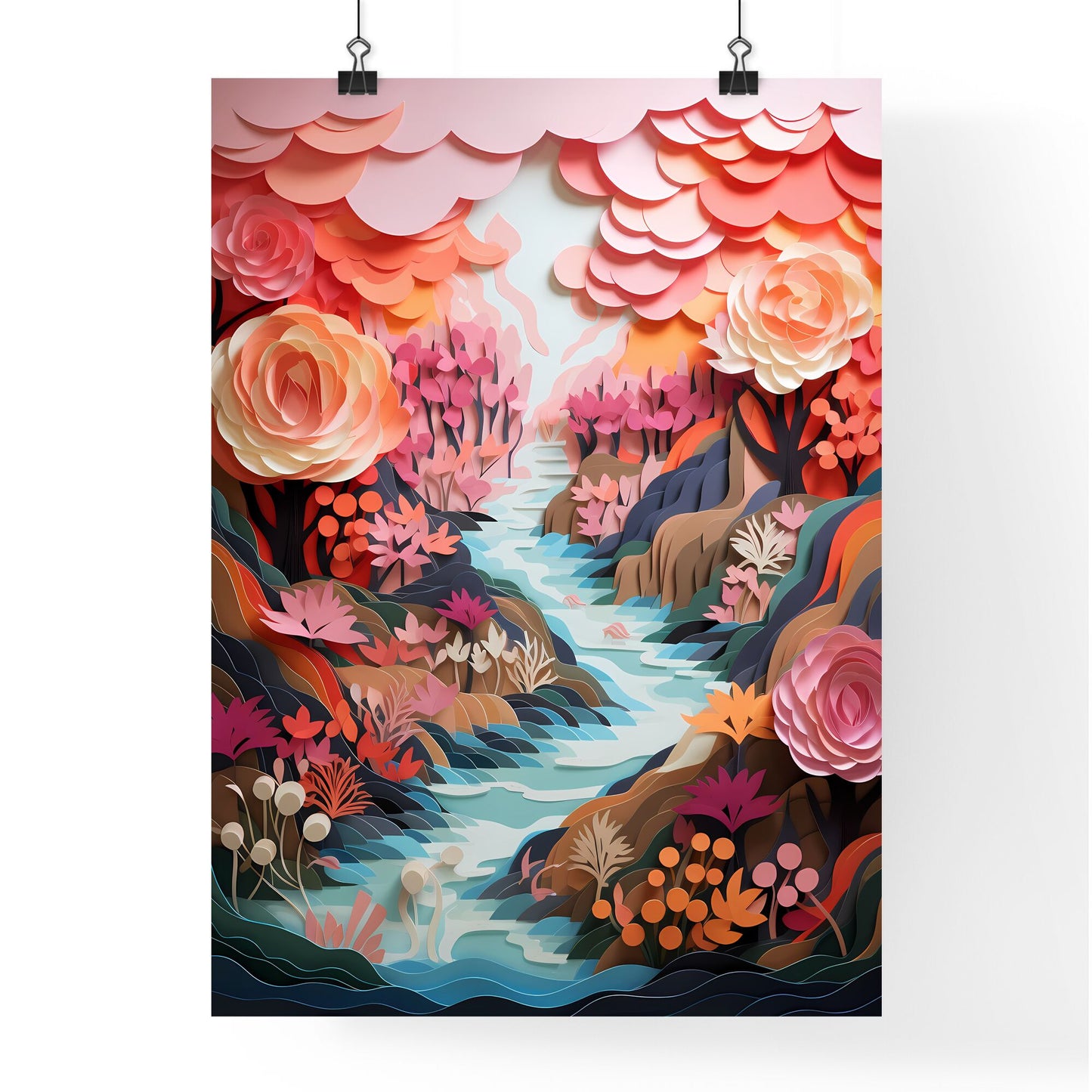 Paper Cut Out Of Flowers And A River Art Print Default Title