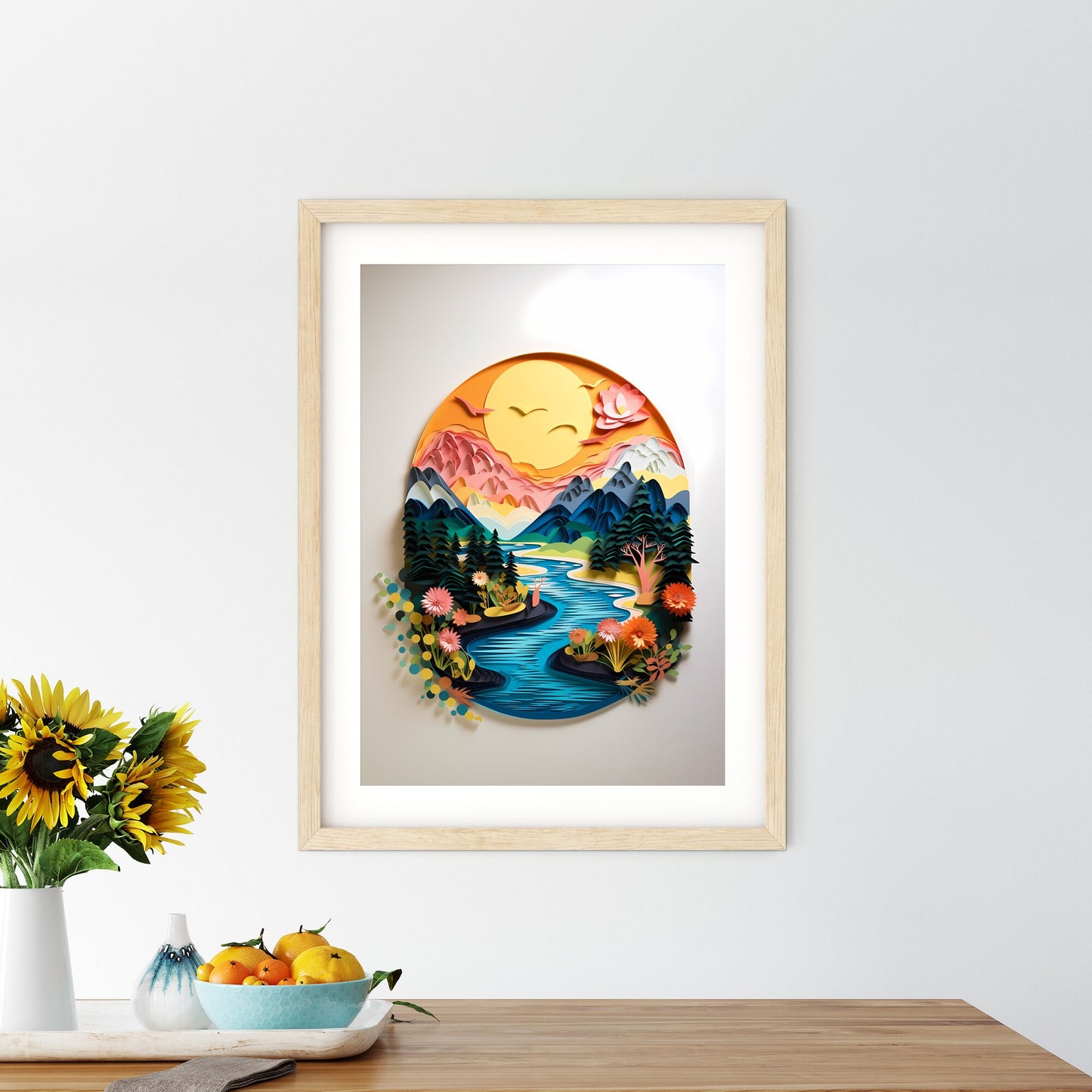 Paper Cut Out Of A River With Flowers And Mountains Art Print Default Title