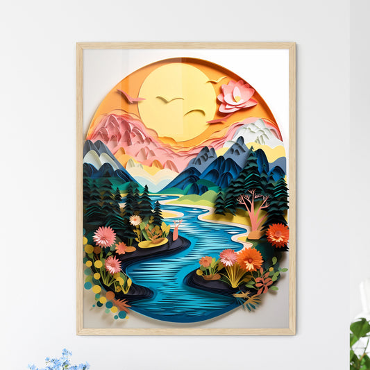 Paper Cut Out Of A River With Flowers And Mountains Art Print Default Title
