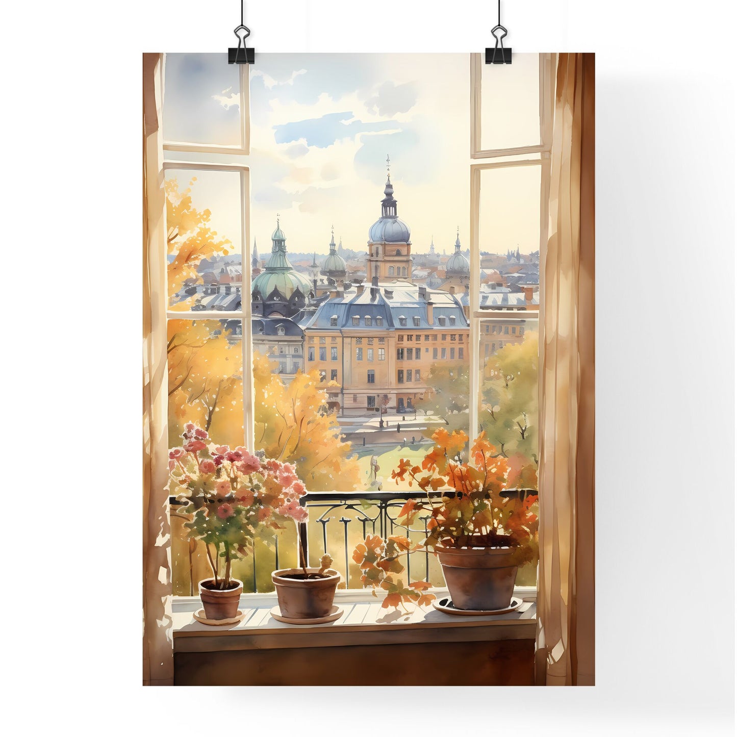 Watercolor Painting Of A Window With A View Of A City And Trees Art Print Default Title