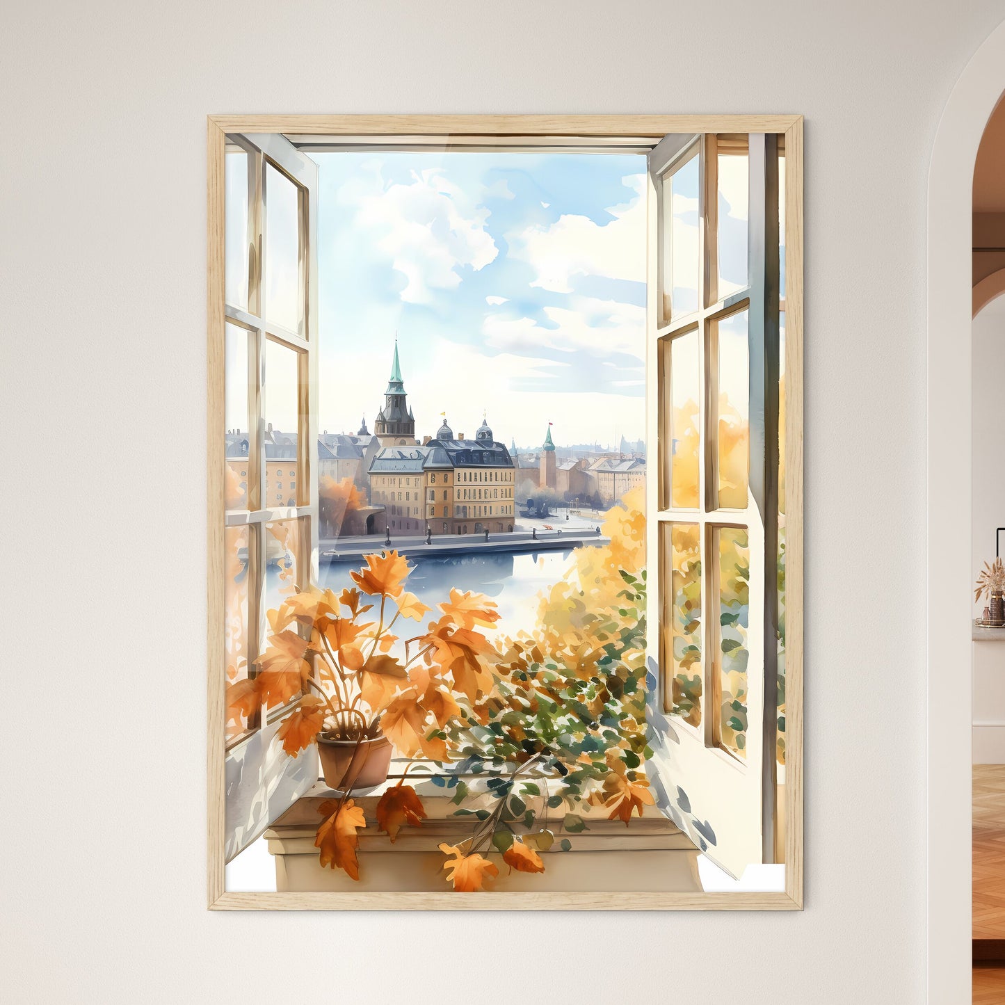 Watercolor Painting Of A Window With A View Of A City And A River Art Print Framed Art