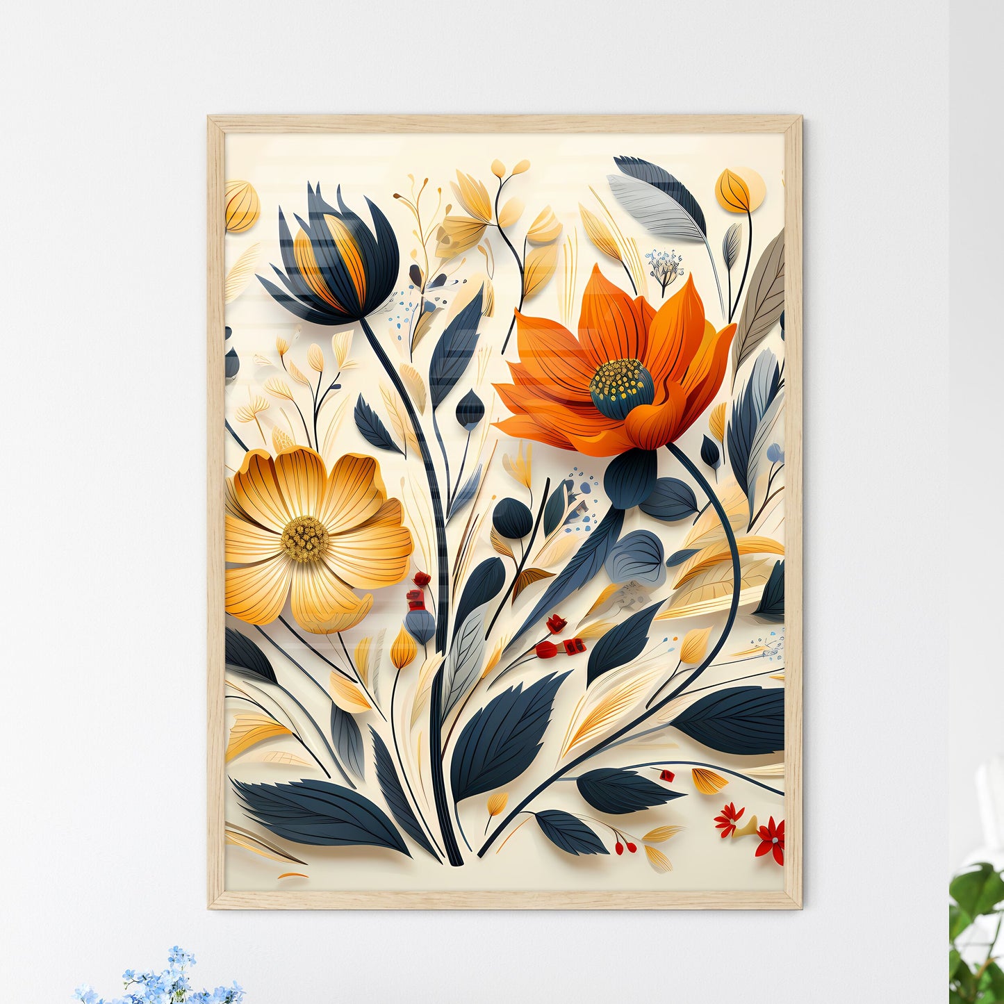Colorful Flower Arrangement With Leaves And  - Framed Art Print