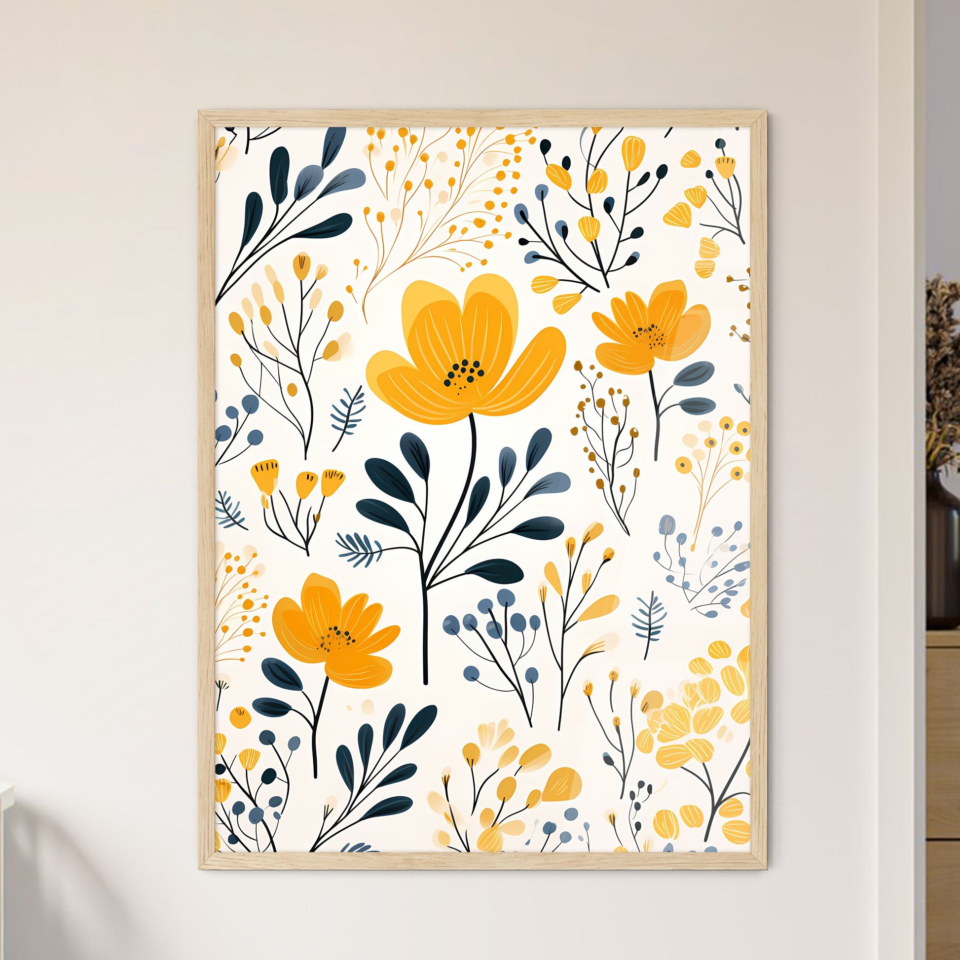 Pattern Of Yellow Flowers And Blue Leaves Art Print Default Title