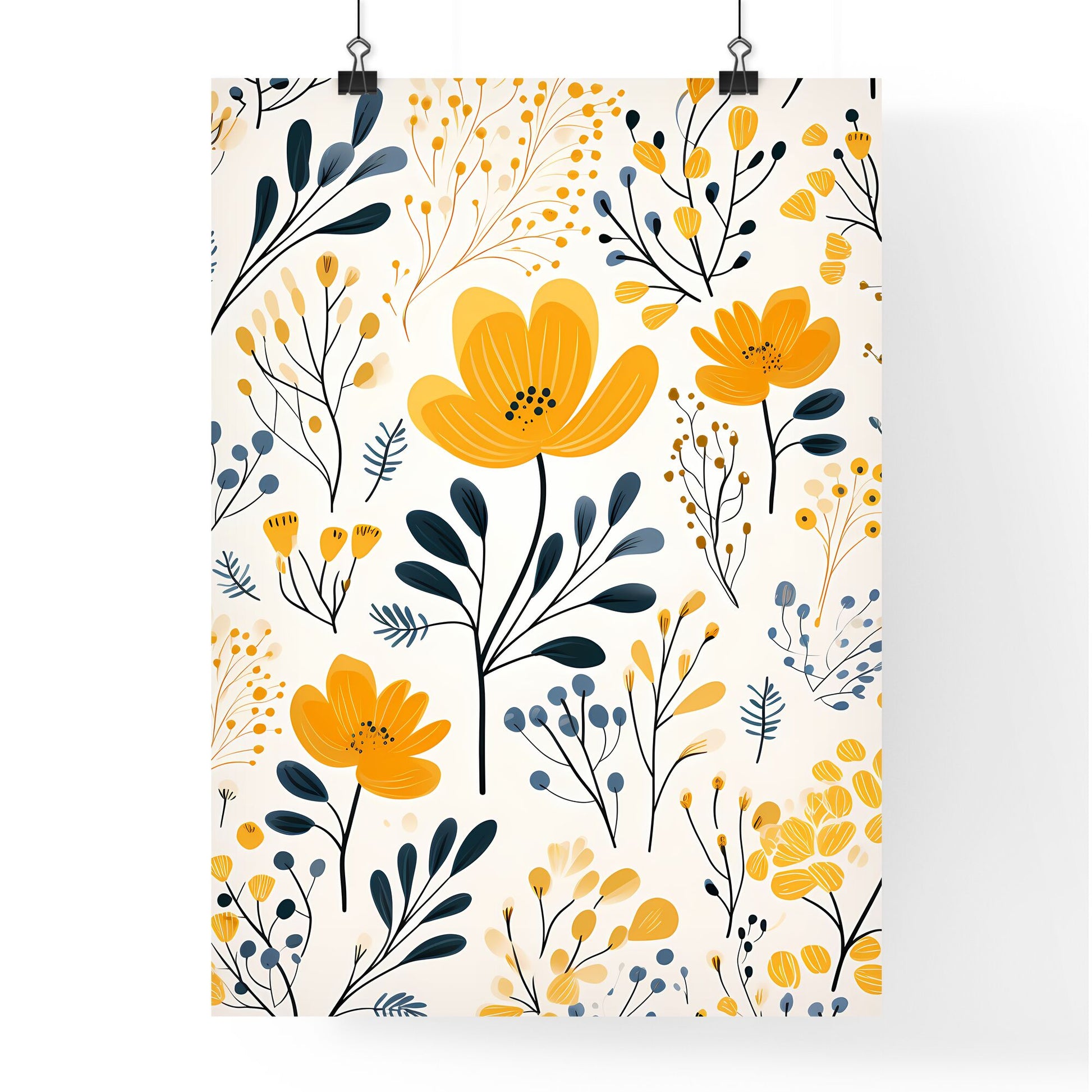 Pattern Of Yellow Flowers And Blue Leaves Art Print Default Title