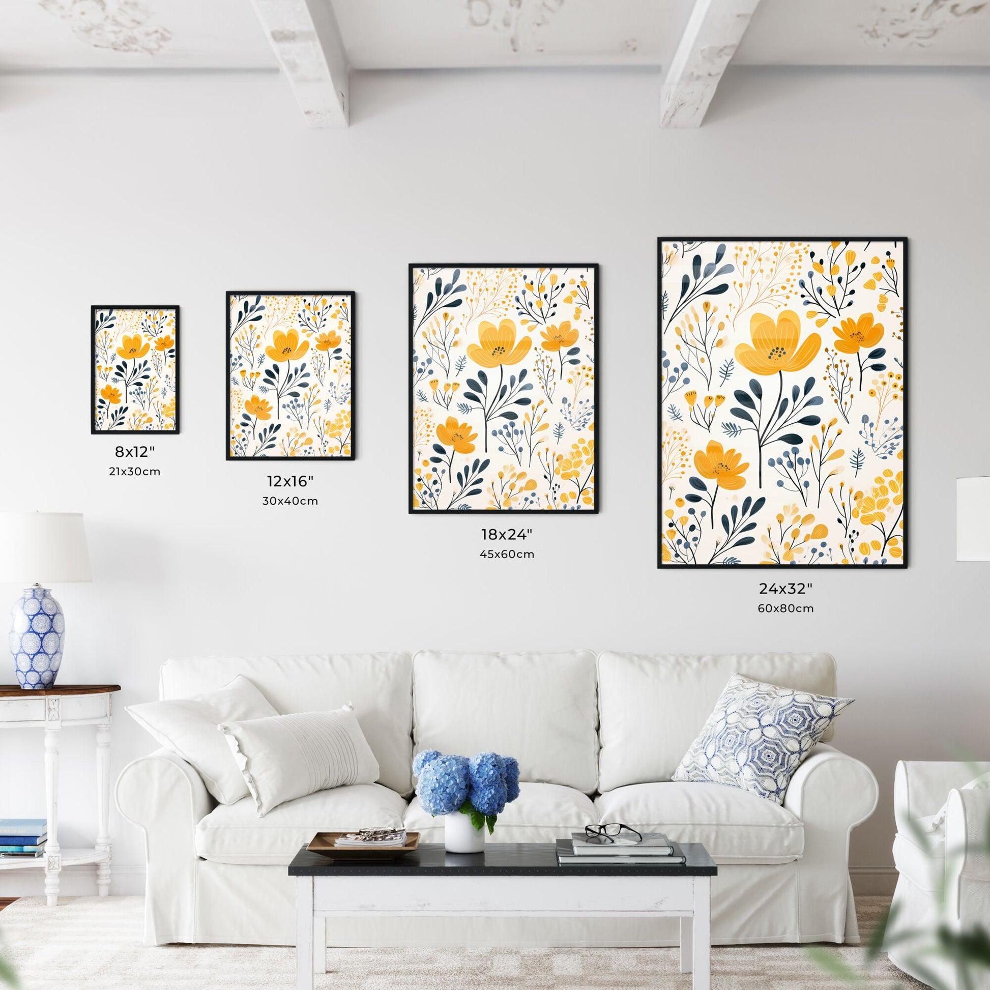 Pattern Of Yellow Flowers And Blue Leaves Art Print Default Title