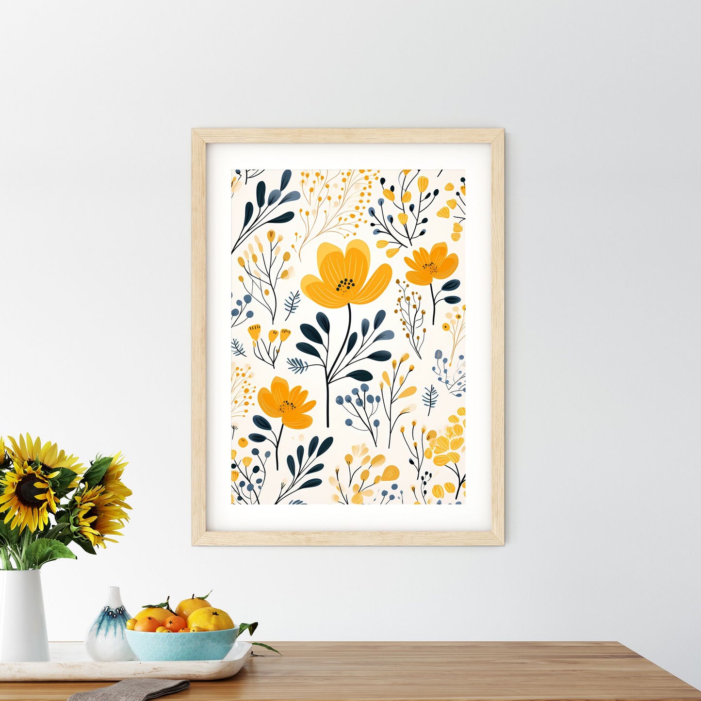 Pattern Of Yellow Flowers And Blue Leaves Art Print Default Title