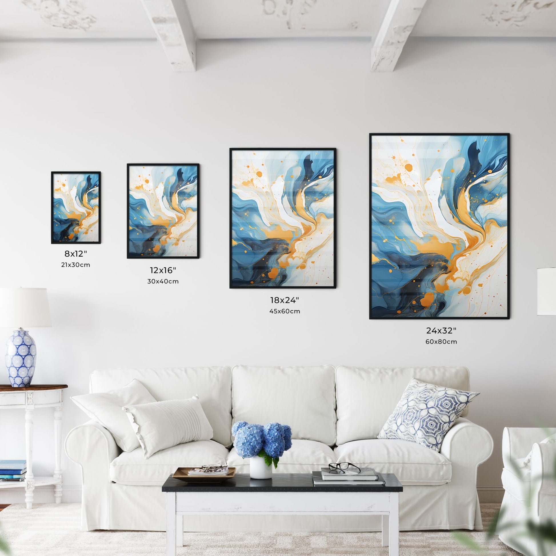 Blue And Gold Swirls On A White Surface Art Print Default Title