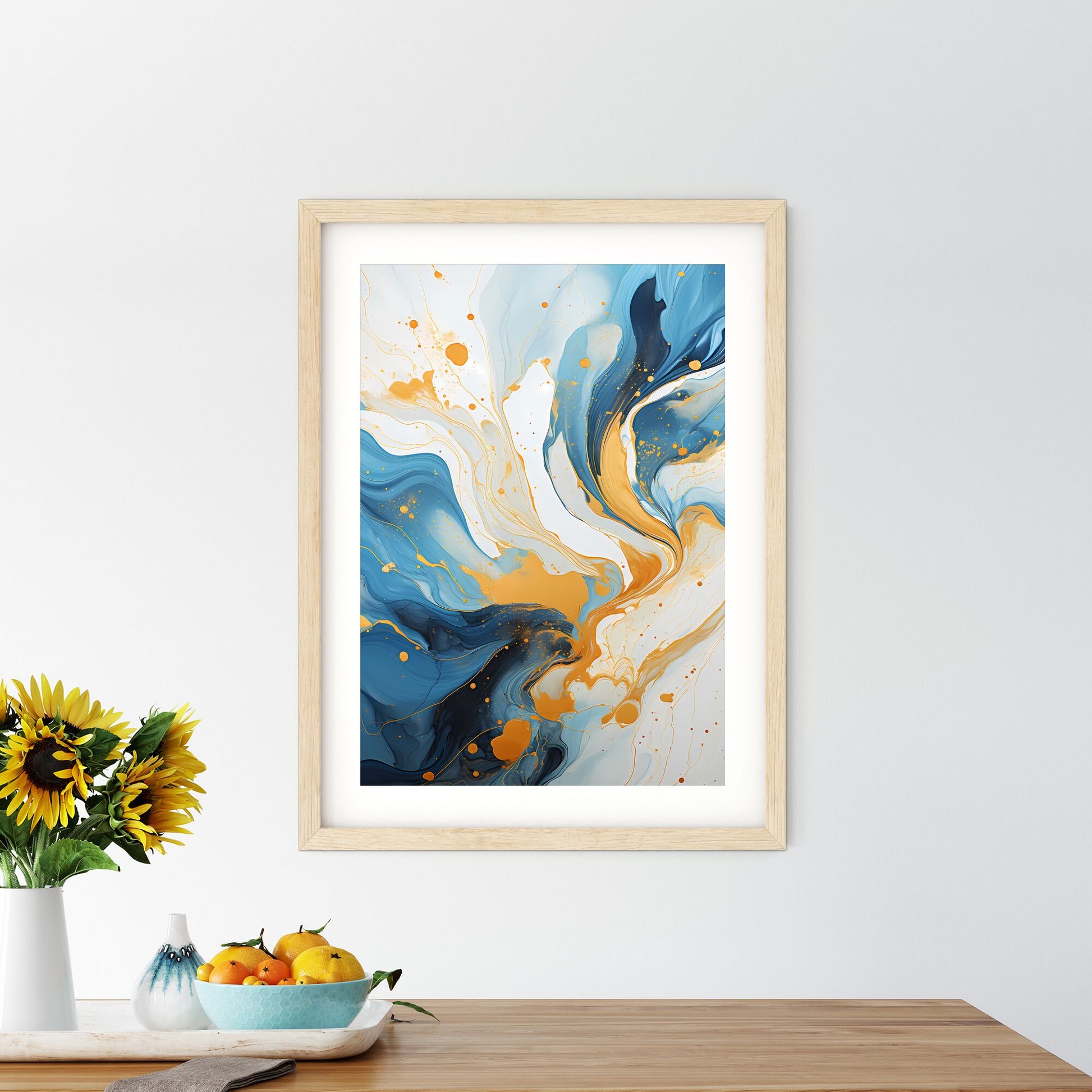 Blue And Gold Swirls On A White Surface Art Print Default Title