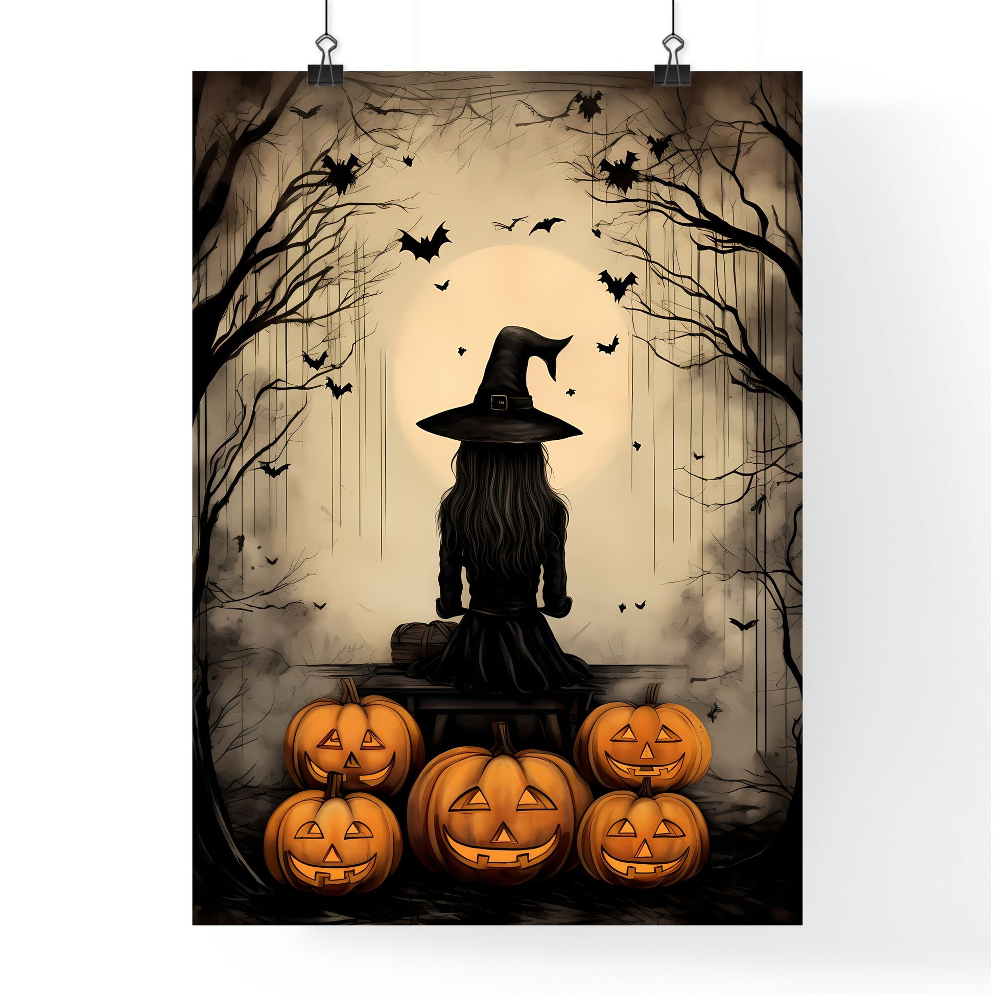 Girl In A Person Garment Sitting On A Bench With Pumpkins And Bats Art Print Default Title