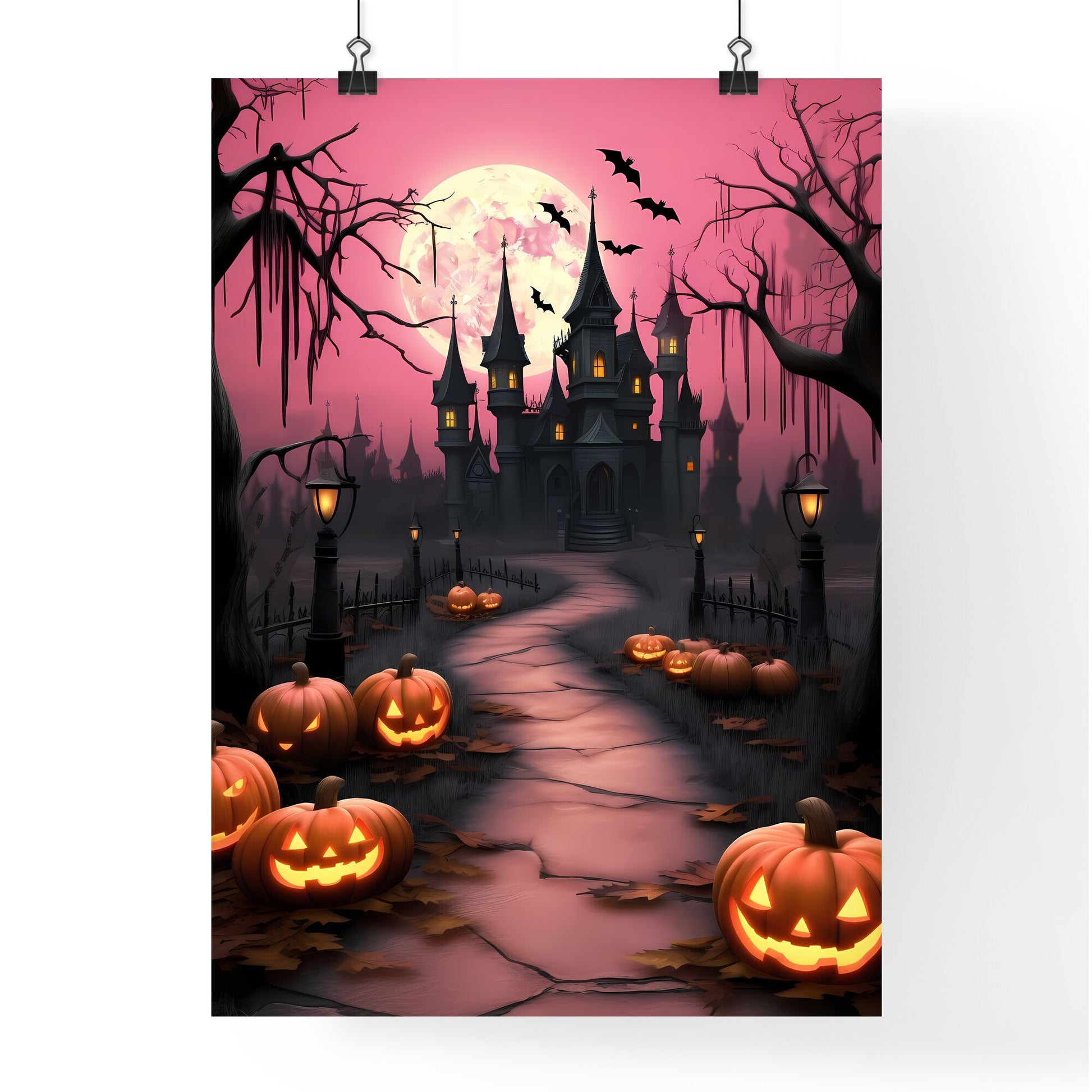 Castle With Pumpkins And A Pink Moon Art Print Default Title