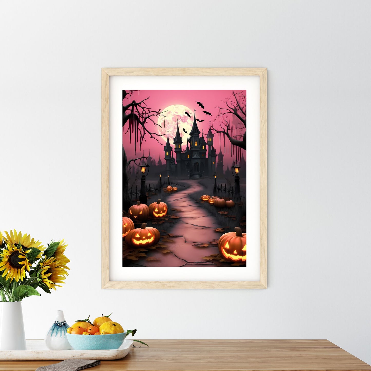 Castle With Pumpkins And A Pink Moon Art Print Default Title