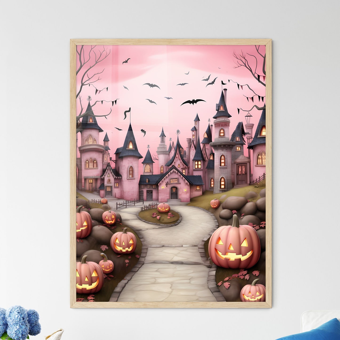 Pink Castle With Pumpkins And Bats Art Print Default Title