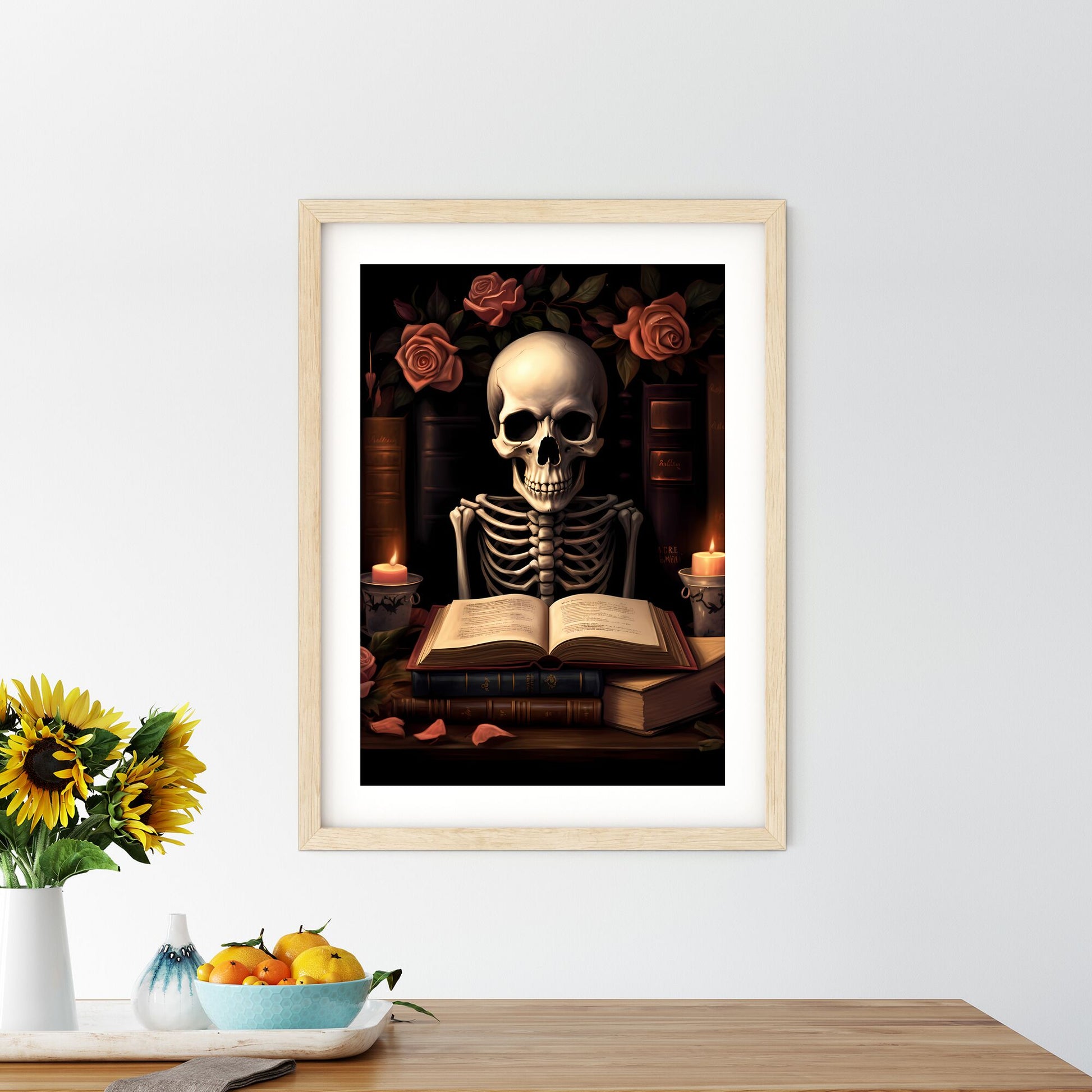 Skeleton Sitting In Front Of A Book And Candles Art Print Default Title