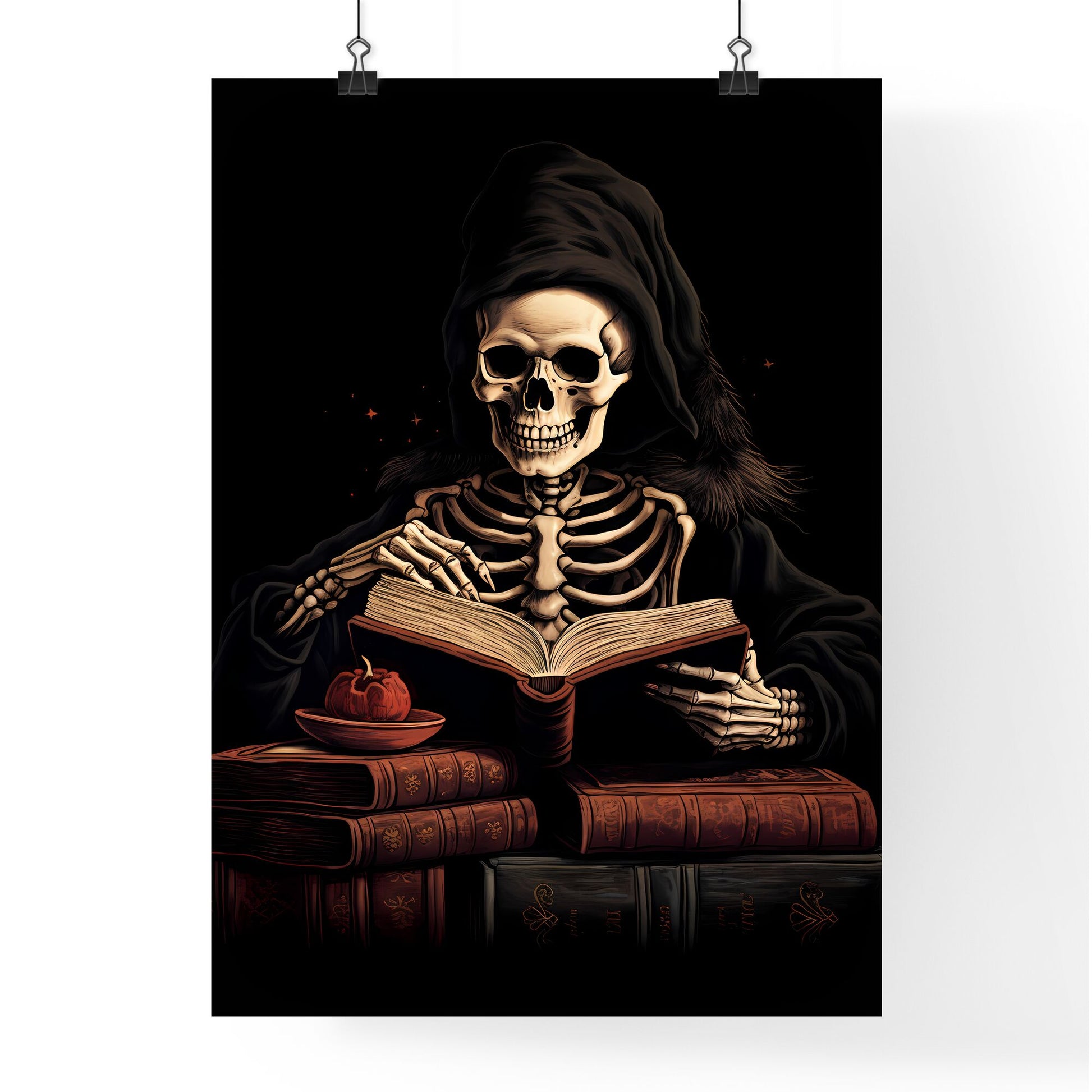 Skeleton Wearing A Hood And Holding A Book Art Print Default Title