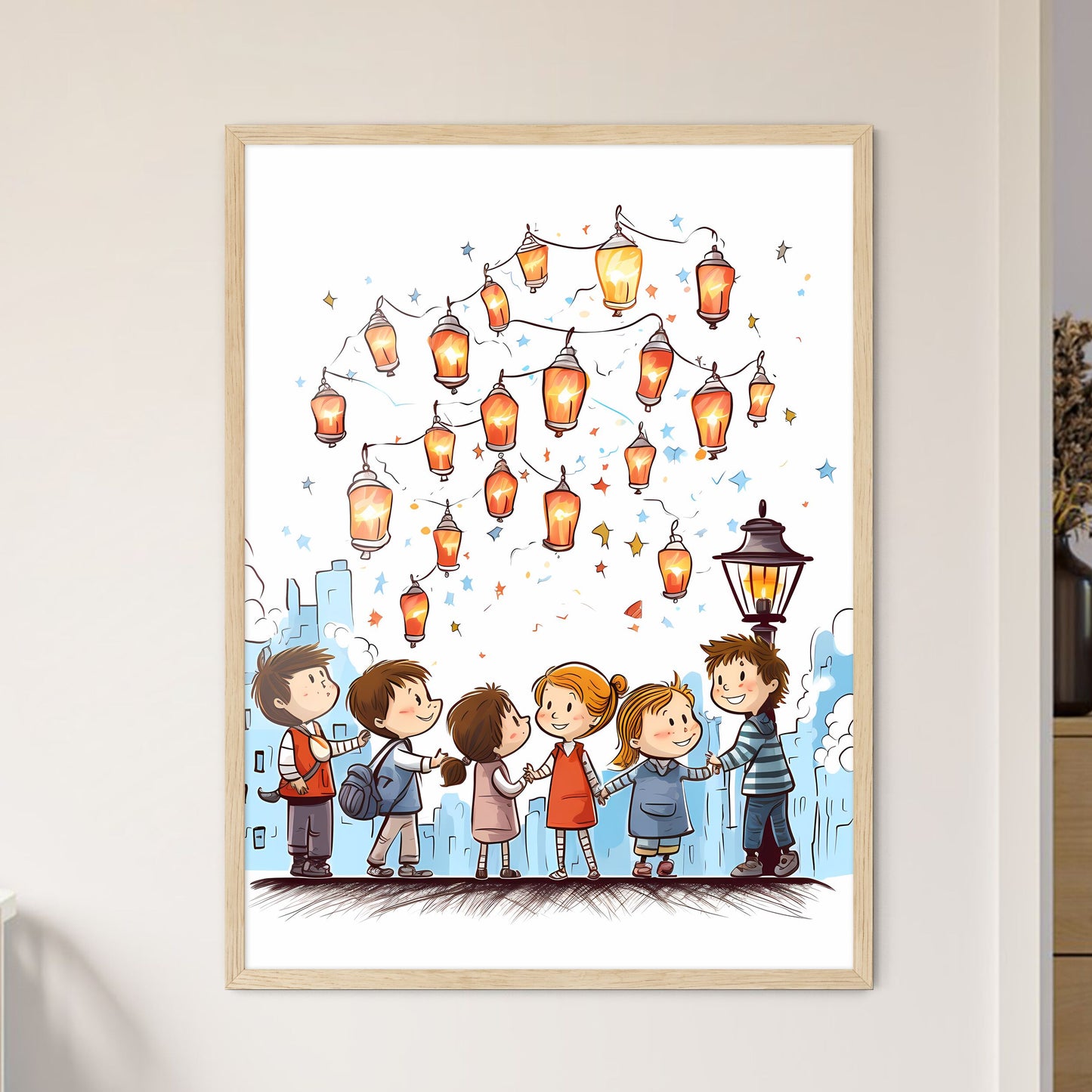 Group Of Children Holding Hands Under A String Of Lights Art Print Default Title