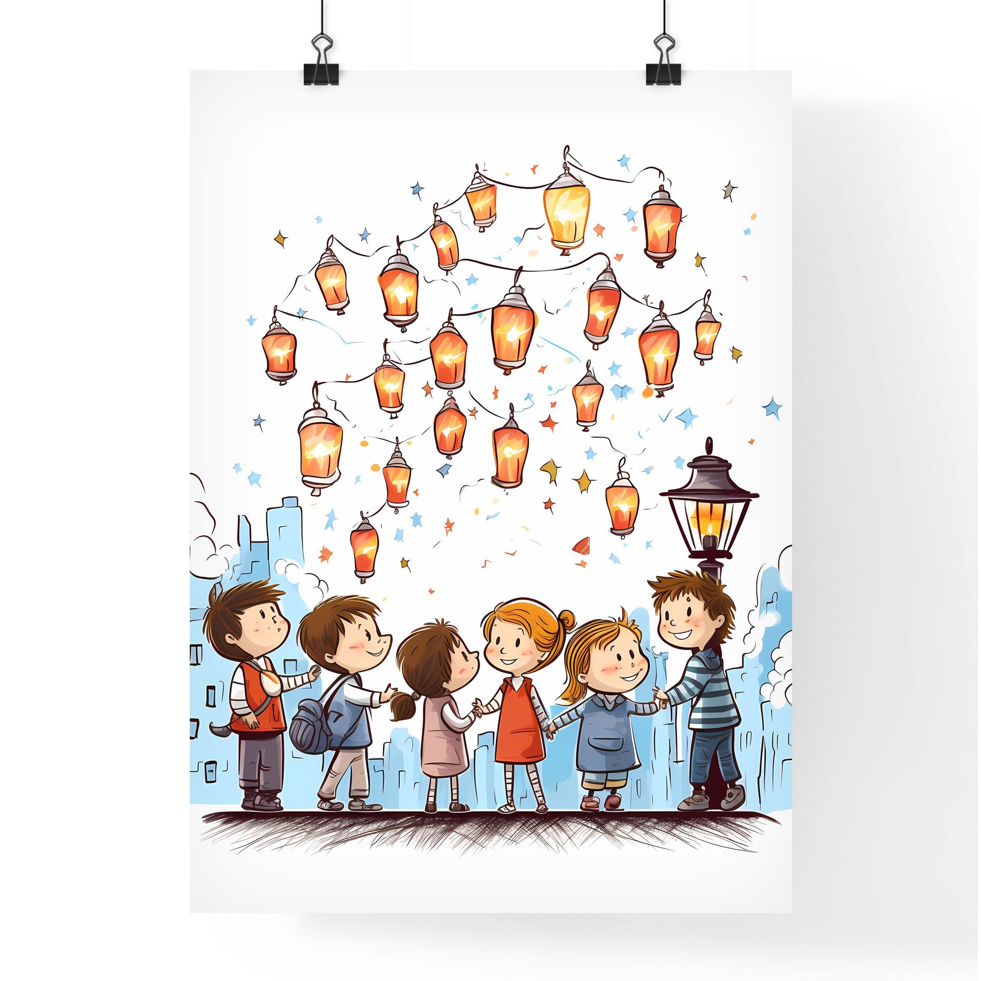 Group Of Children Holding Hands Under A String Of Lights Art Print Default Title