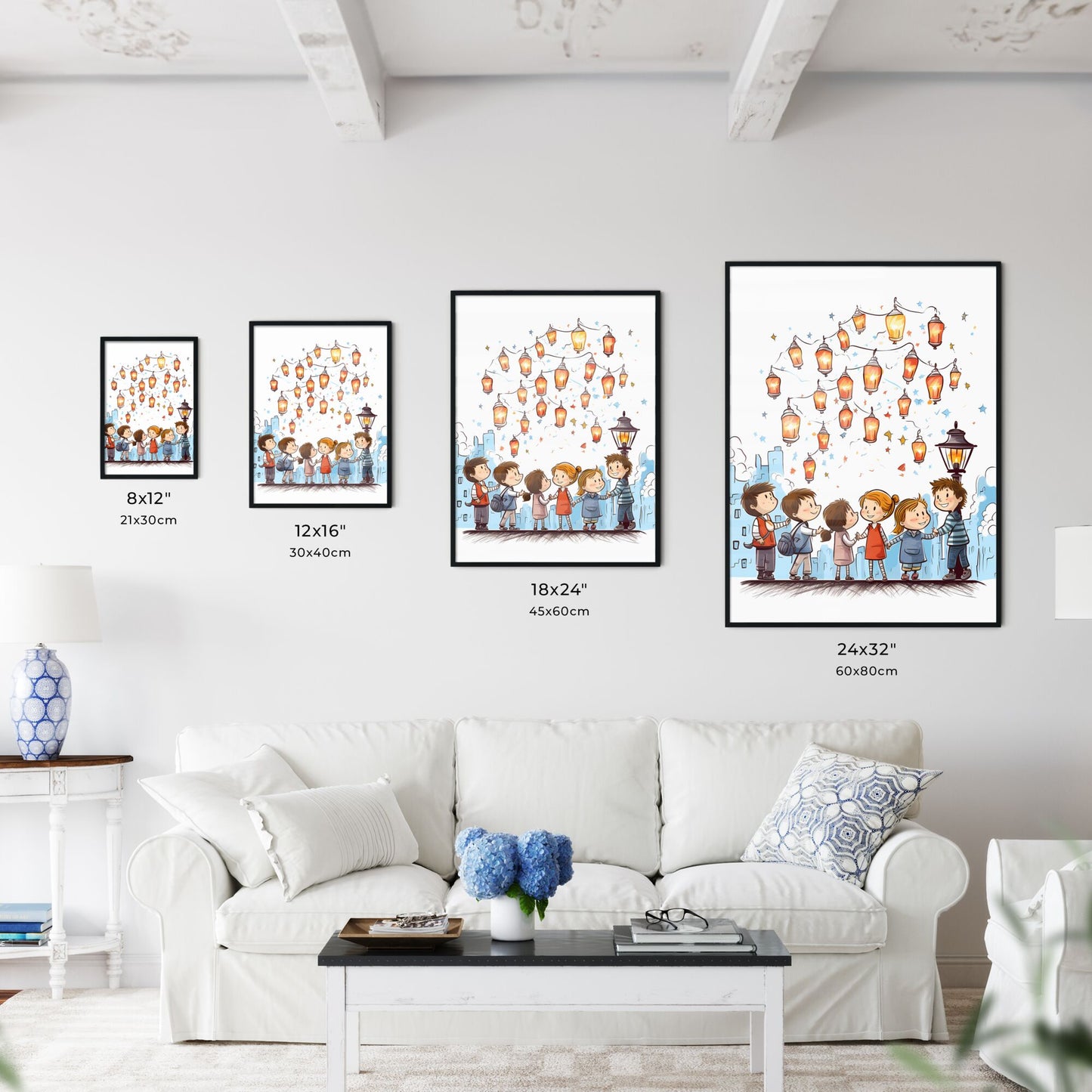 Group Of Children Holding Hands Under A String Of Lights Art Print Default Title