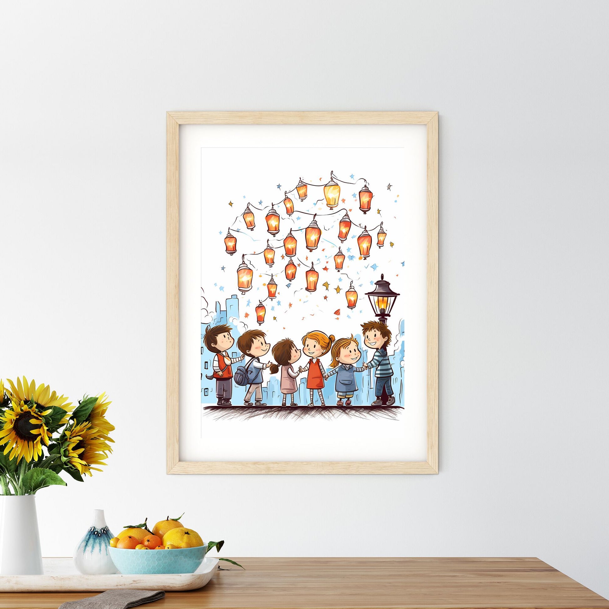 Group Of Children Holding Hands Under A String Of Lights Art Print Default Title