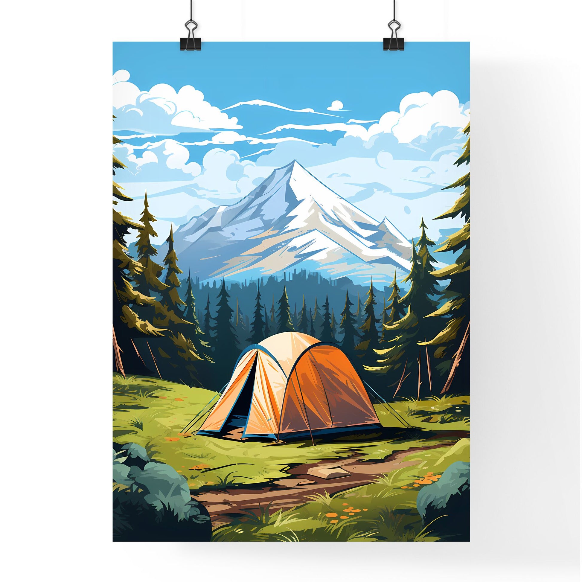 Tent In A Forest With Trees And Mountains In The Background Art Print Default Title